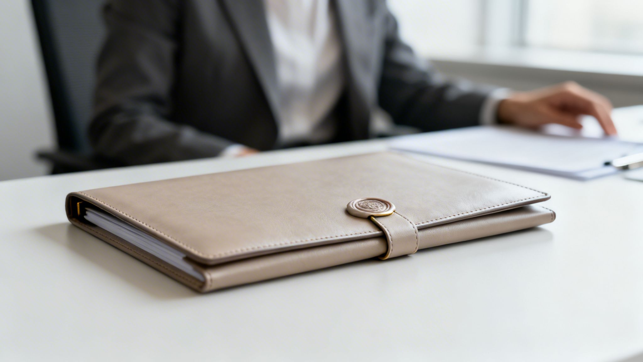 Beige document folder with a seal on a white desk, with a person at work in the background.