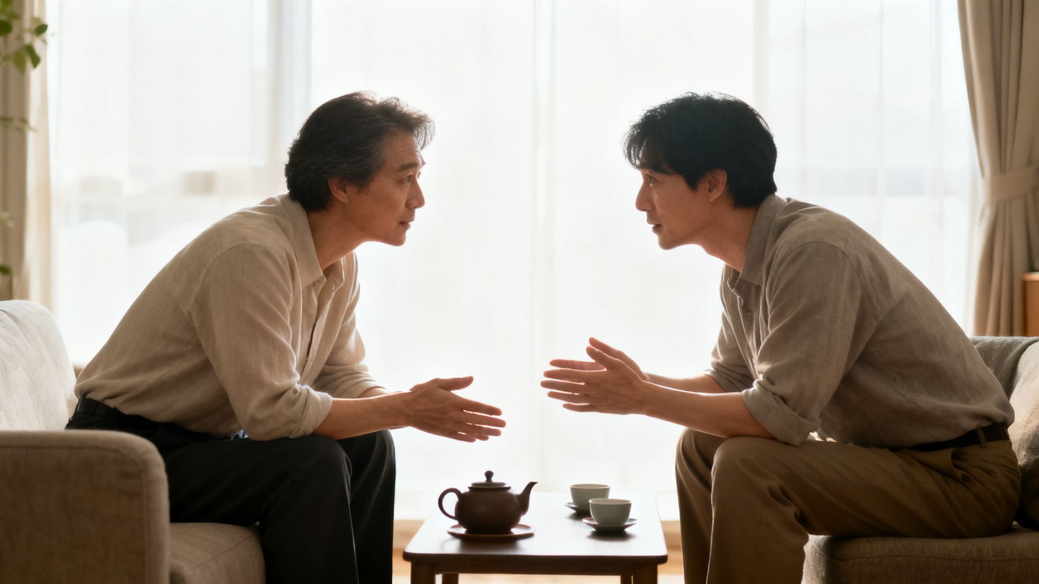 Two men sitting on sofas, conversing and drinking tea in a bright room.
