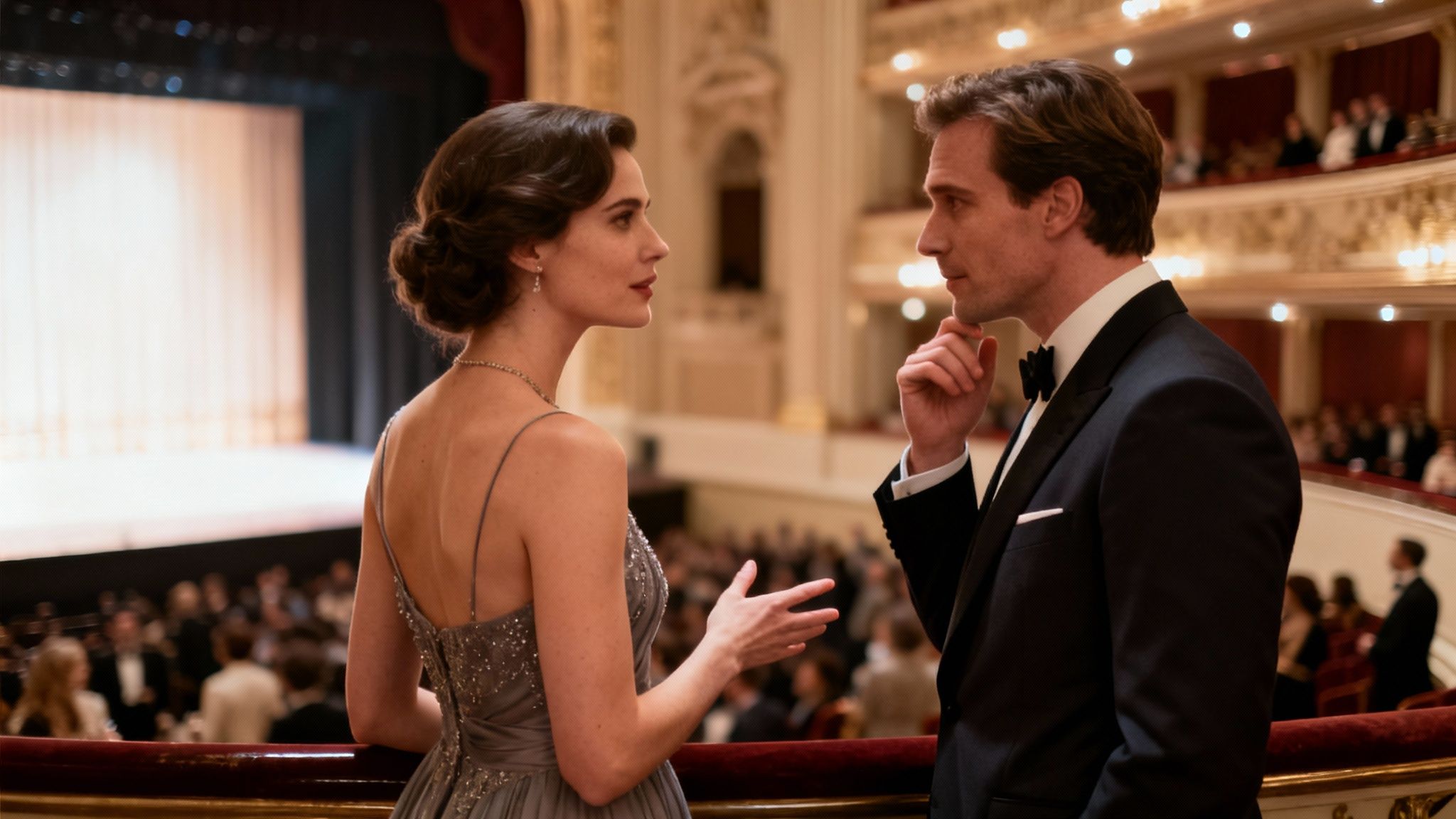 Ein elegant gekleidetes Paar, bestehend aus einem Mann im Smoking und einer Frau im Abendkleid, unterhält sich auf einem Opernbalkon.