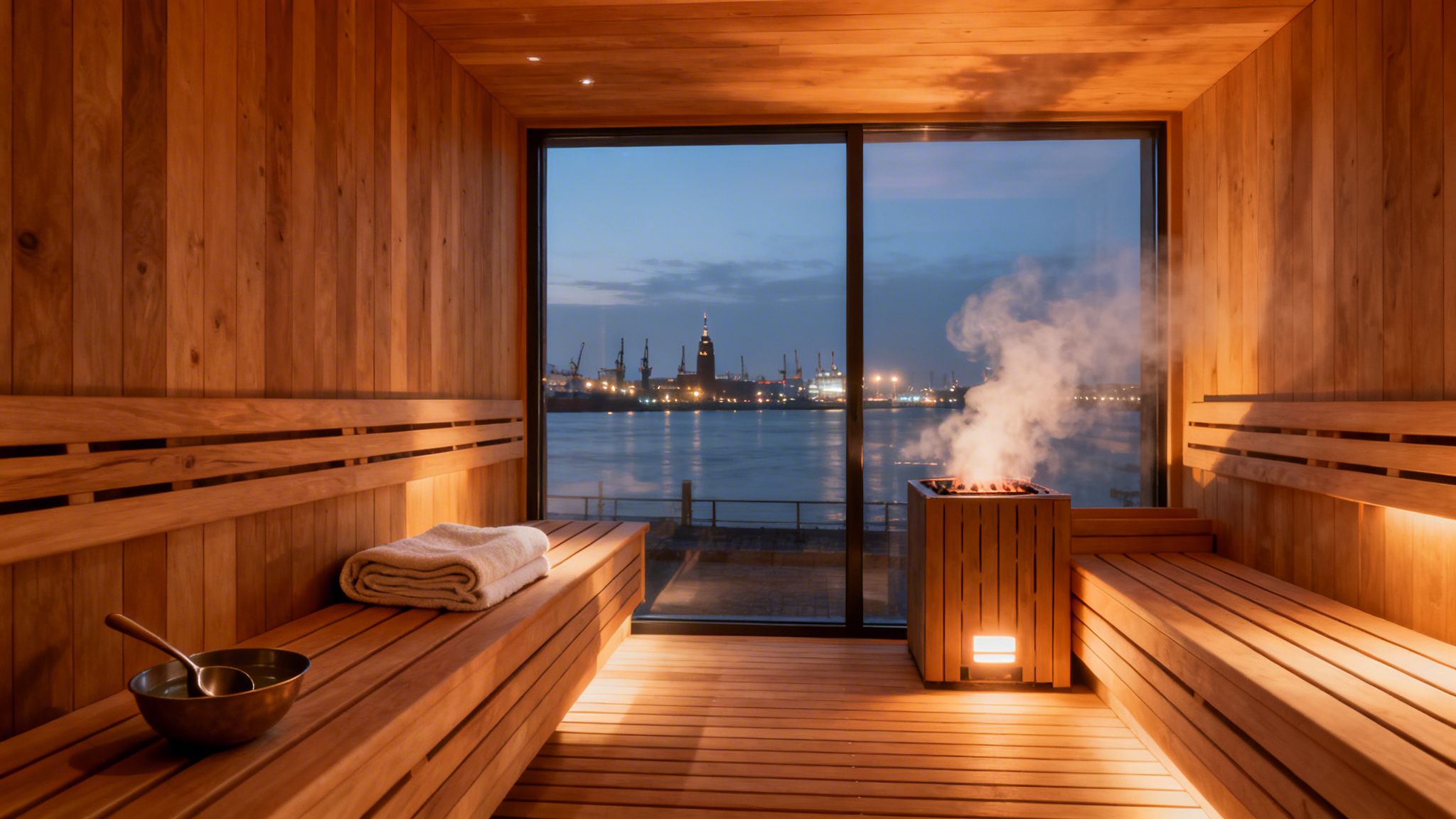 Holzsauna mit Panoramablick auf eine beleuchtete Stadt am Wasser bei Abend, mit Dampf auf dem Saunaofen und Handtuch.