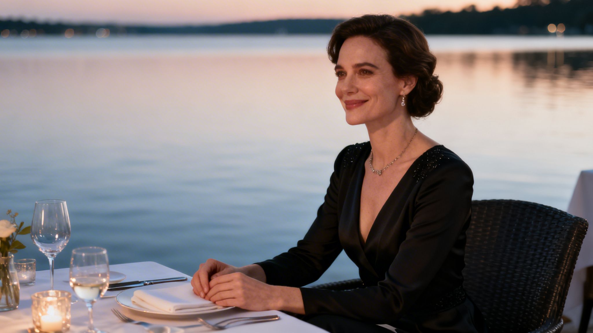 A smiling woman in an elegant black dress sits at a table by the lake at sunset.