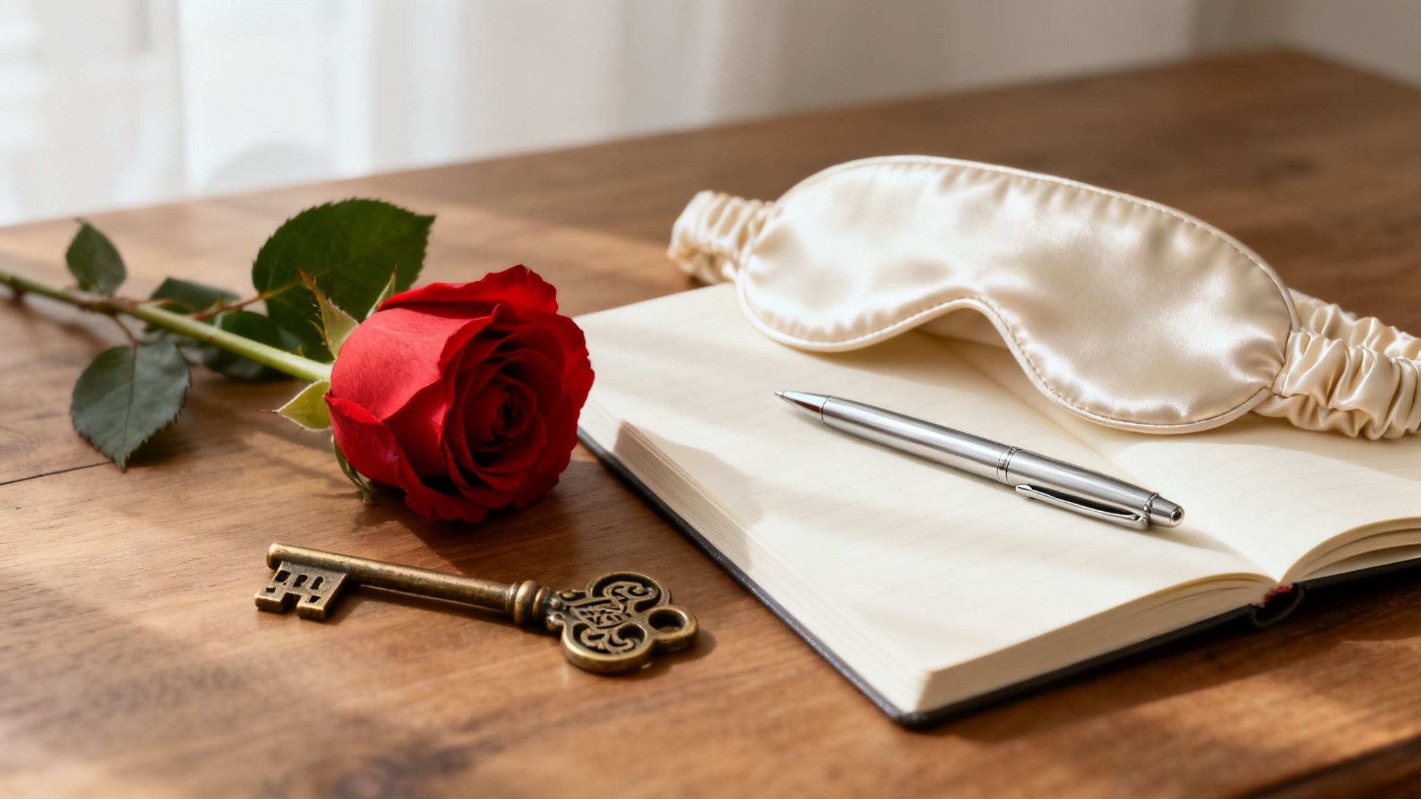 Red rose, old key, notebook, pen, and sleep mask lie on a wooden table in the sunlight.