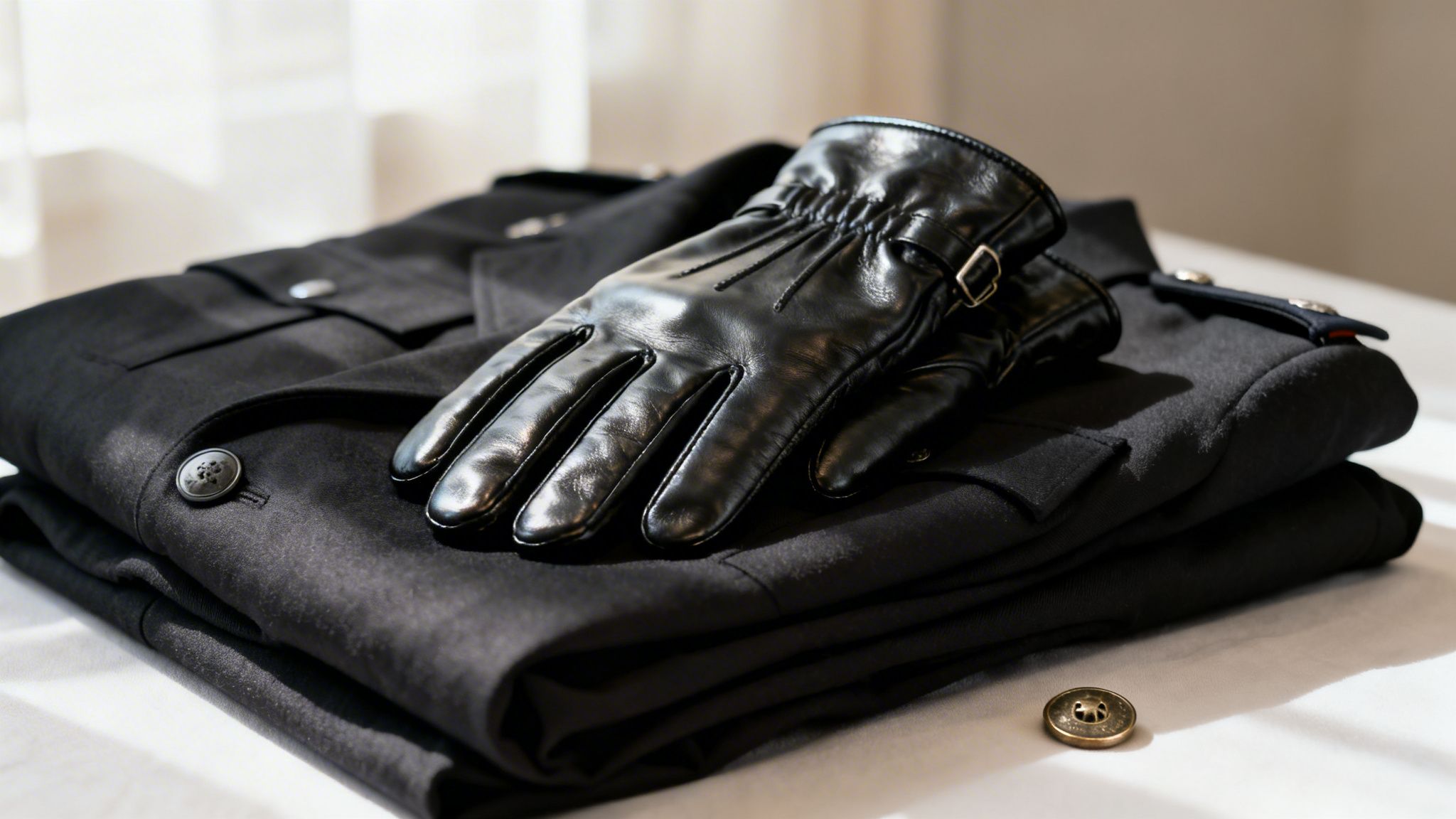Ein Paar schwarze Lederhandschuhe liegt elegant auf einer gefalteten schwarzen Jacke mit Knöpfen.