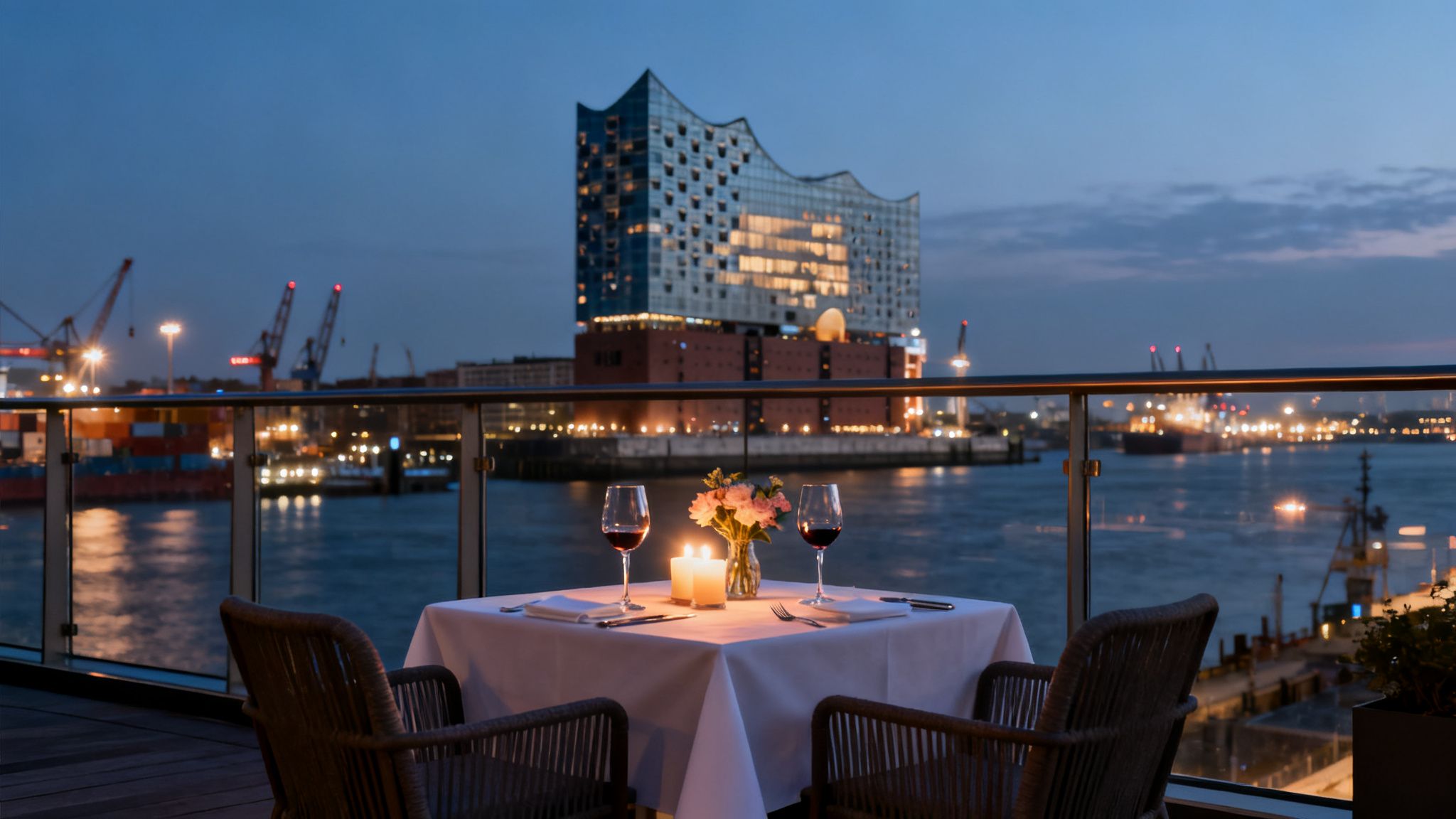 Romantic dinner on a balcony overlooking Hamburg's Elbphilharmonie and the illuminated harbor at dusk.