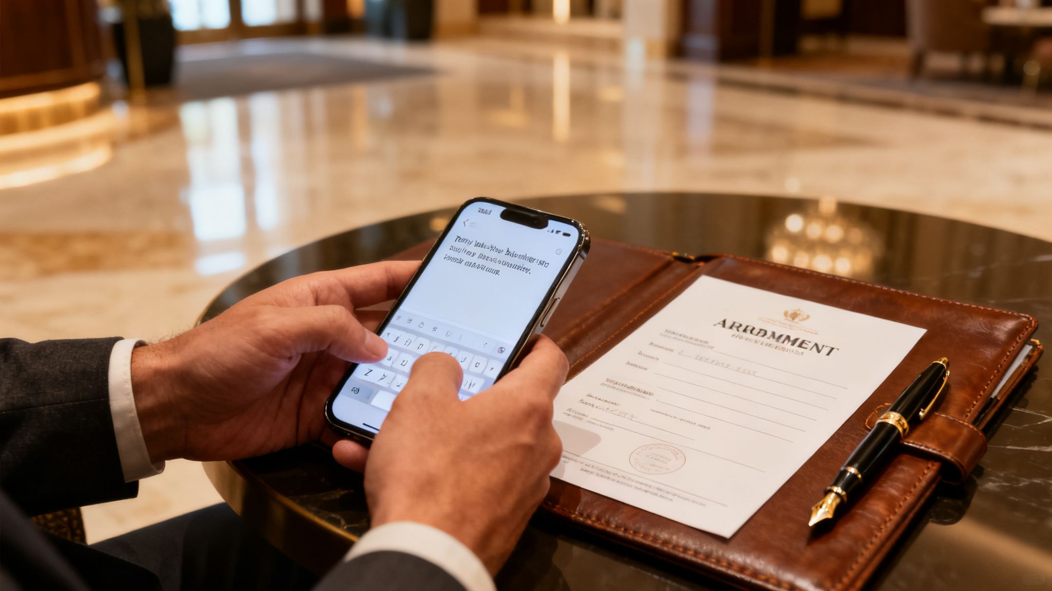 Mann in Anzug tippt auf Smartphone, neben einer Ledermappe mit Dokument und Stift.