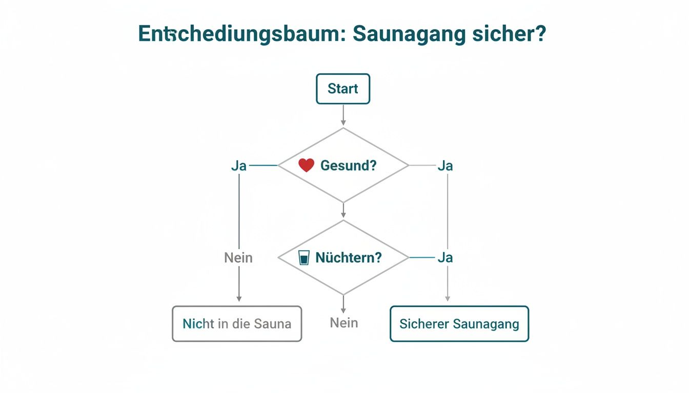 Flussdiagramm zur Beurteilung der Sicherheit eines Saunagangs basierend auf Gesundheit und Nüchternheit.