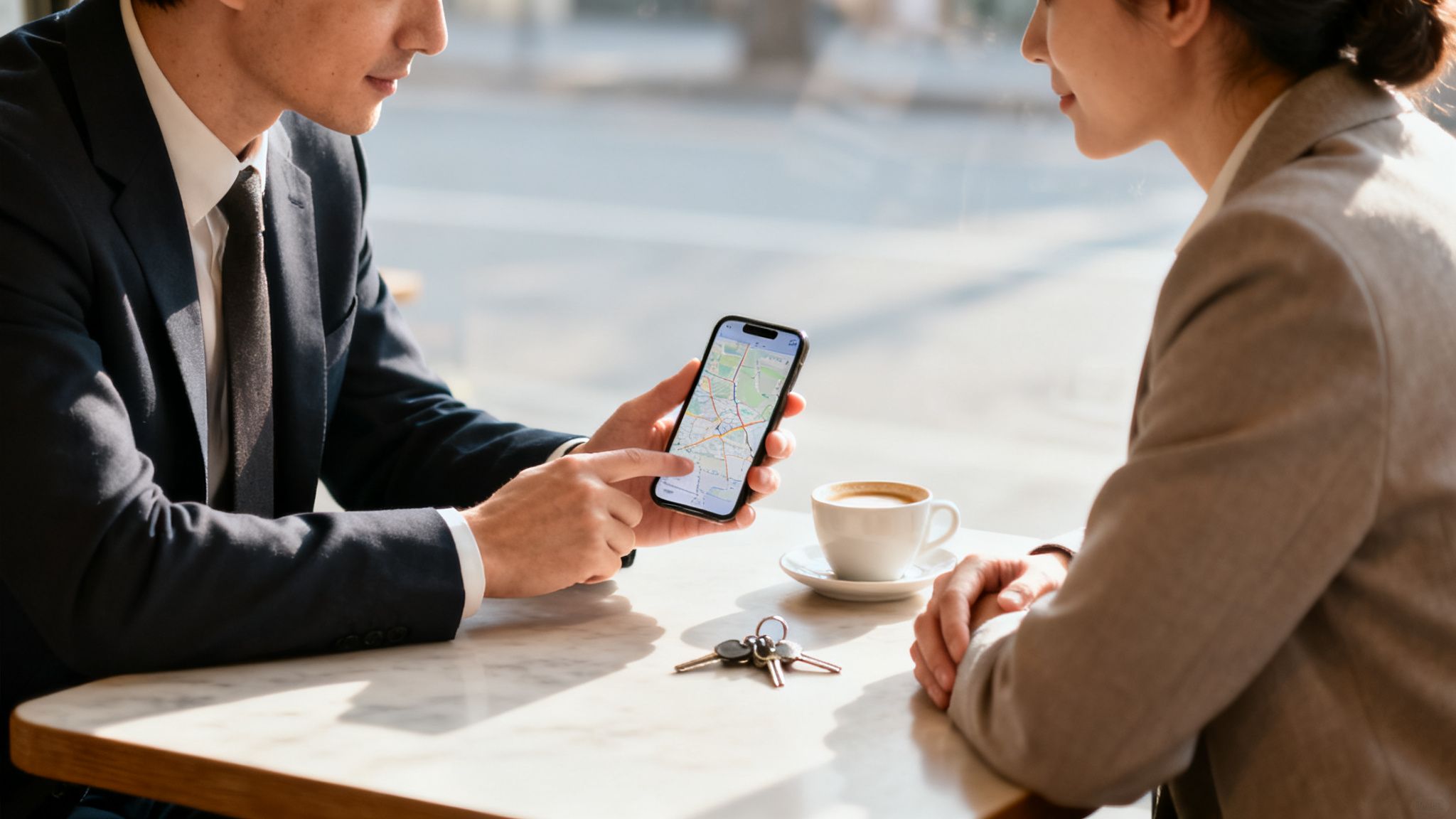 Two business people discuss a map on a smartphone while drinking coffee.