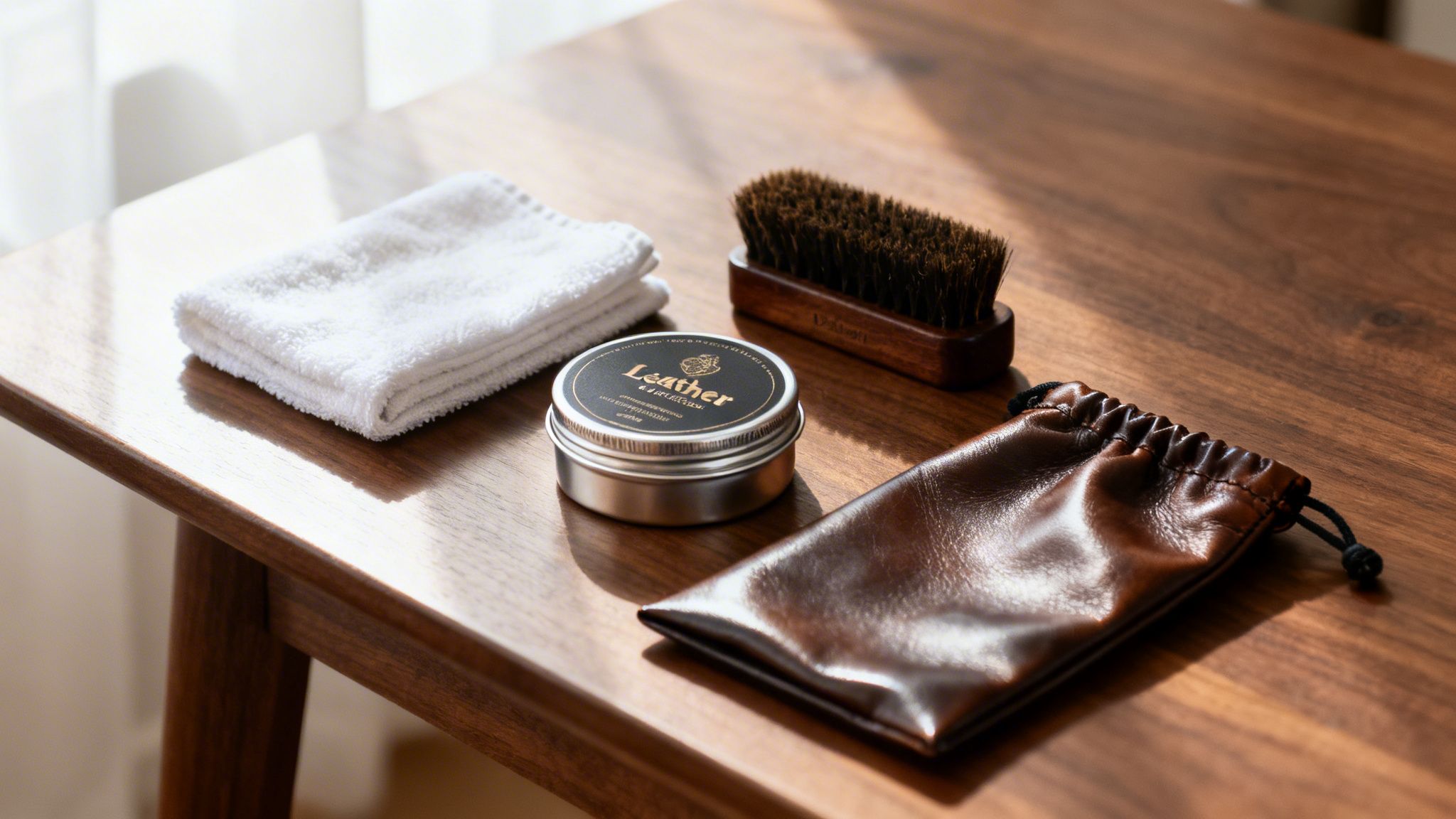 Ein Lederpflegeset mit Bürste, Lederbalsam, einem Tuch und einem Beutel auf einem Holztisch in hellem Licht.