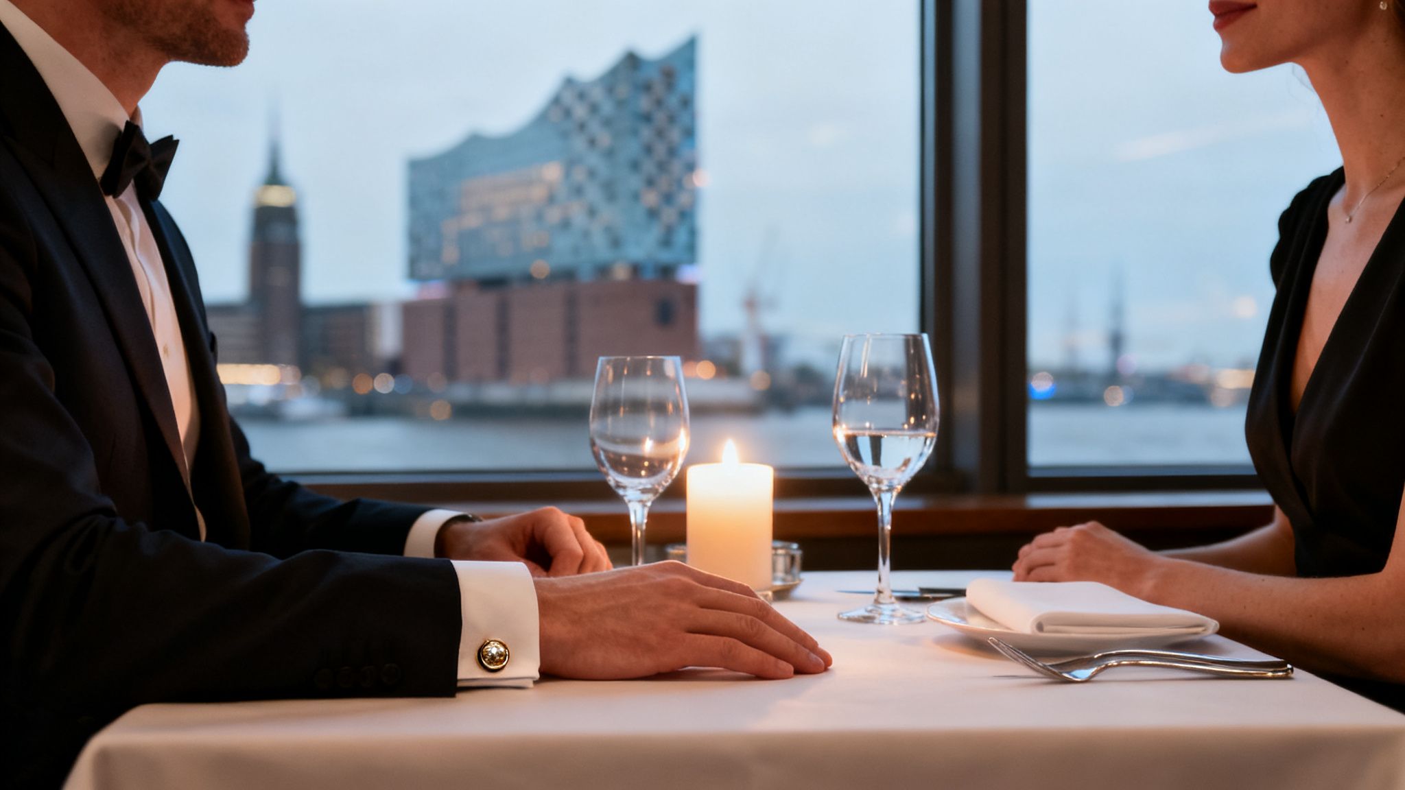 Elegantes Paar genießt ein romantisches Abendessen mit Stadtblick, inklusive Elbphilharmonie.
