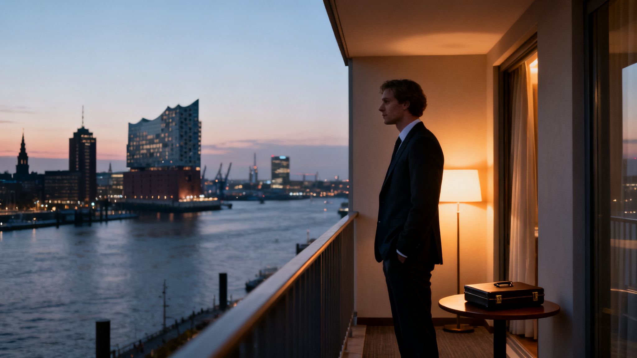A man in a suit looks from the balcony at the Hamburg skyline and the Elbphilharmonie at sunset.