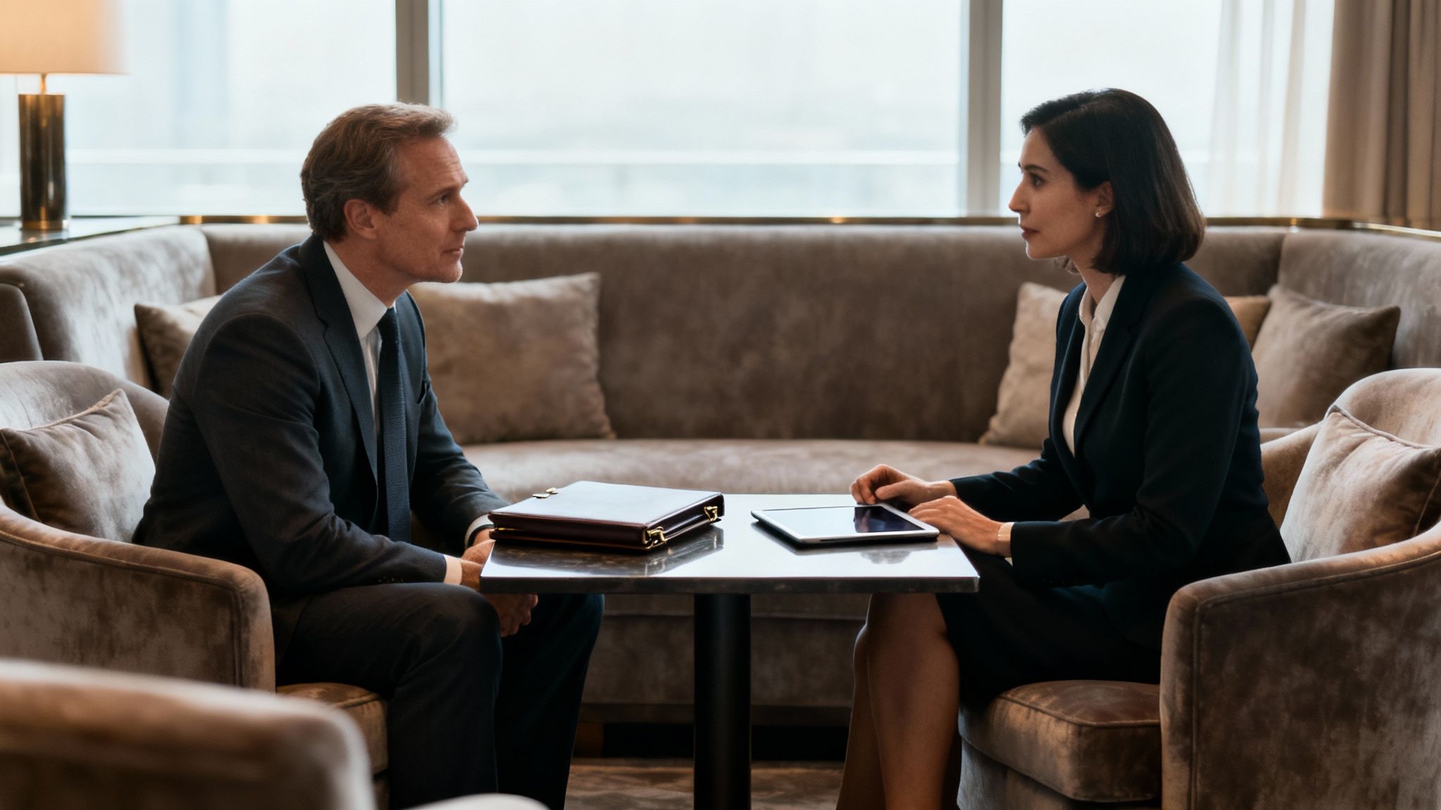 Zwei Geschäftsleute in Anzügen sitzen sich in einer eleganten Lounge gegenüber und führen ein Gespräch.