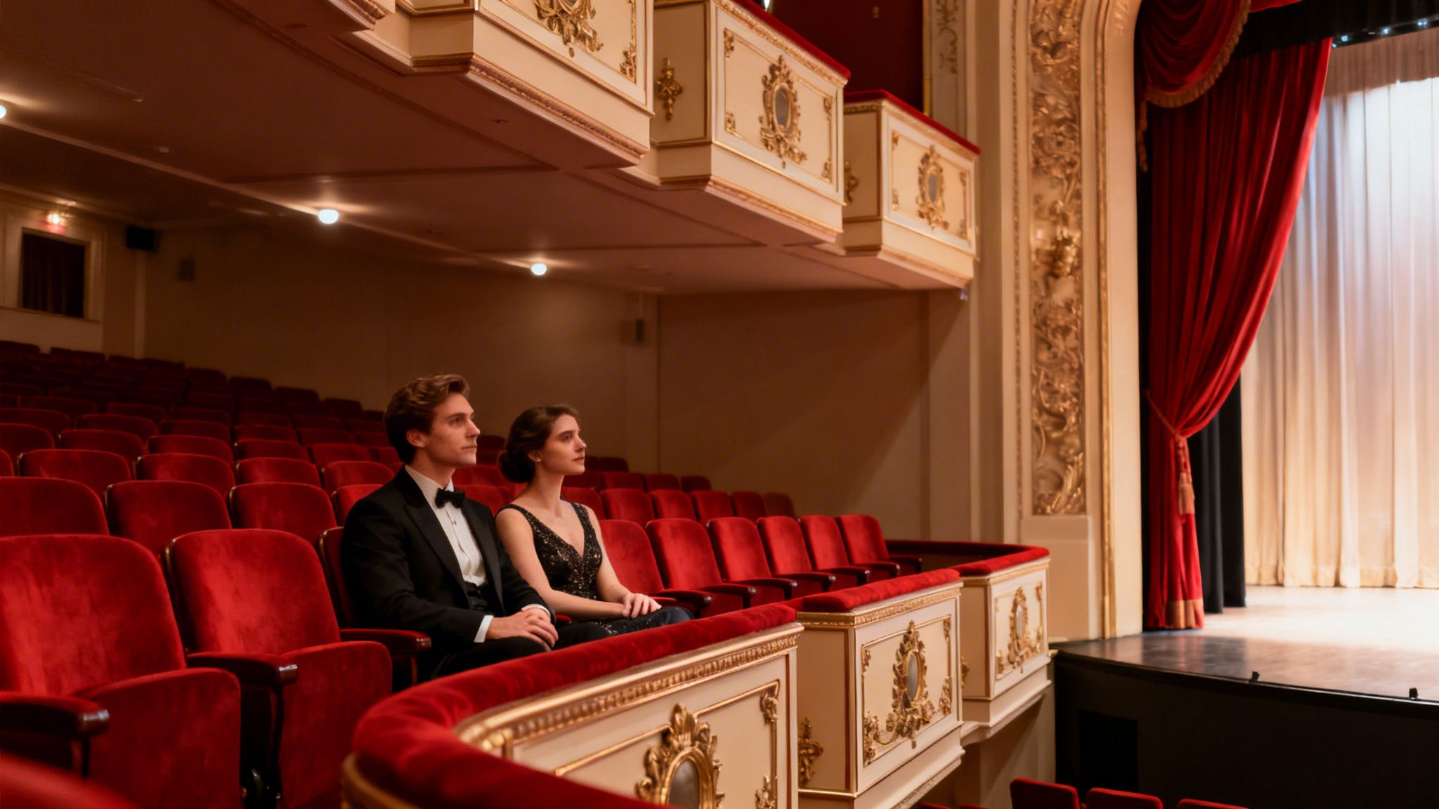 Elegantes Paar in Abendgarderobe sitzt in einem prunkvollen Theater auf roten Samtsitzen.