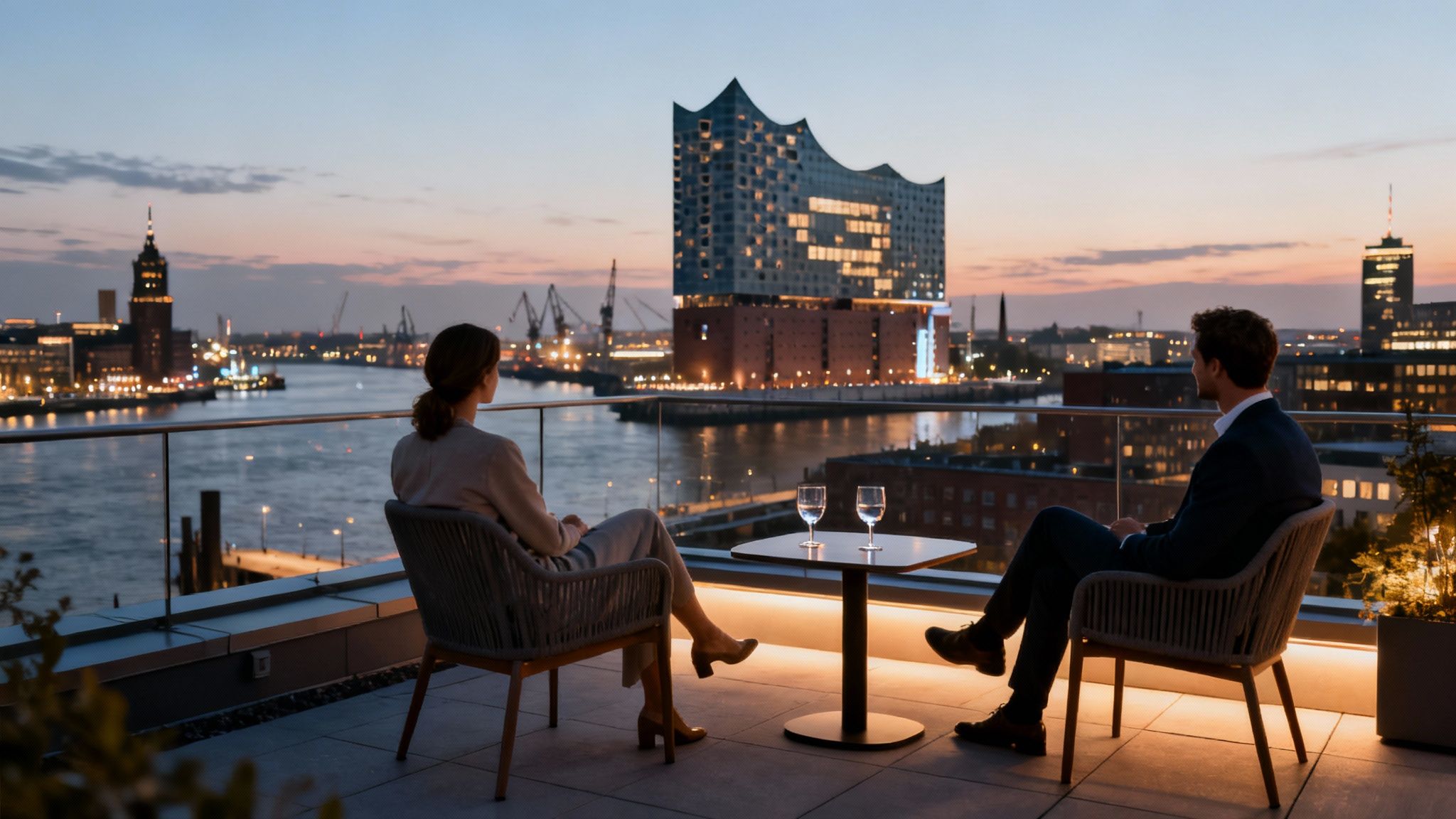 Ein Paar sitzt auf einer eleganten Dachterrasse und genießt den Blick auf die Hamburger Skyline bei Sonnenuntergang, inklusive Elbphilharmonie.