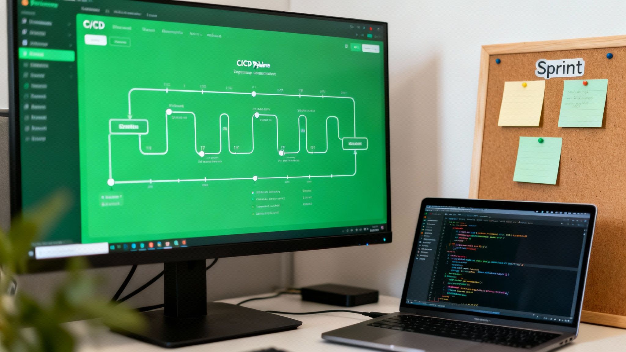 A modern tech workspace featuring a monitor displaying a CI/CD diagram and a laptop showing code.