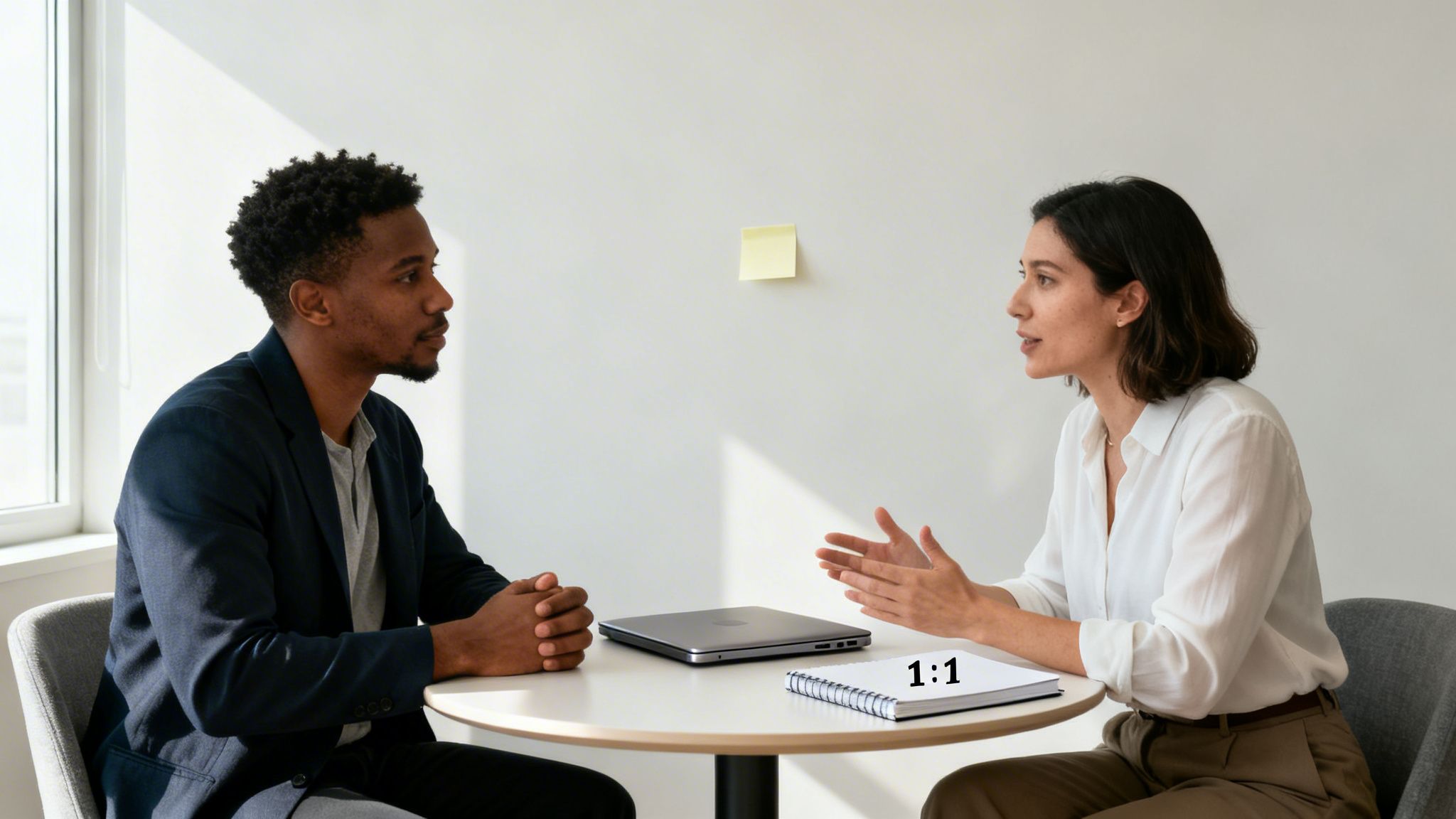Two professionals, a man and a woman, having a focused one-on-one meeting at an office table.