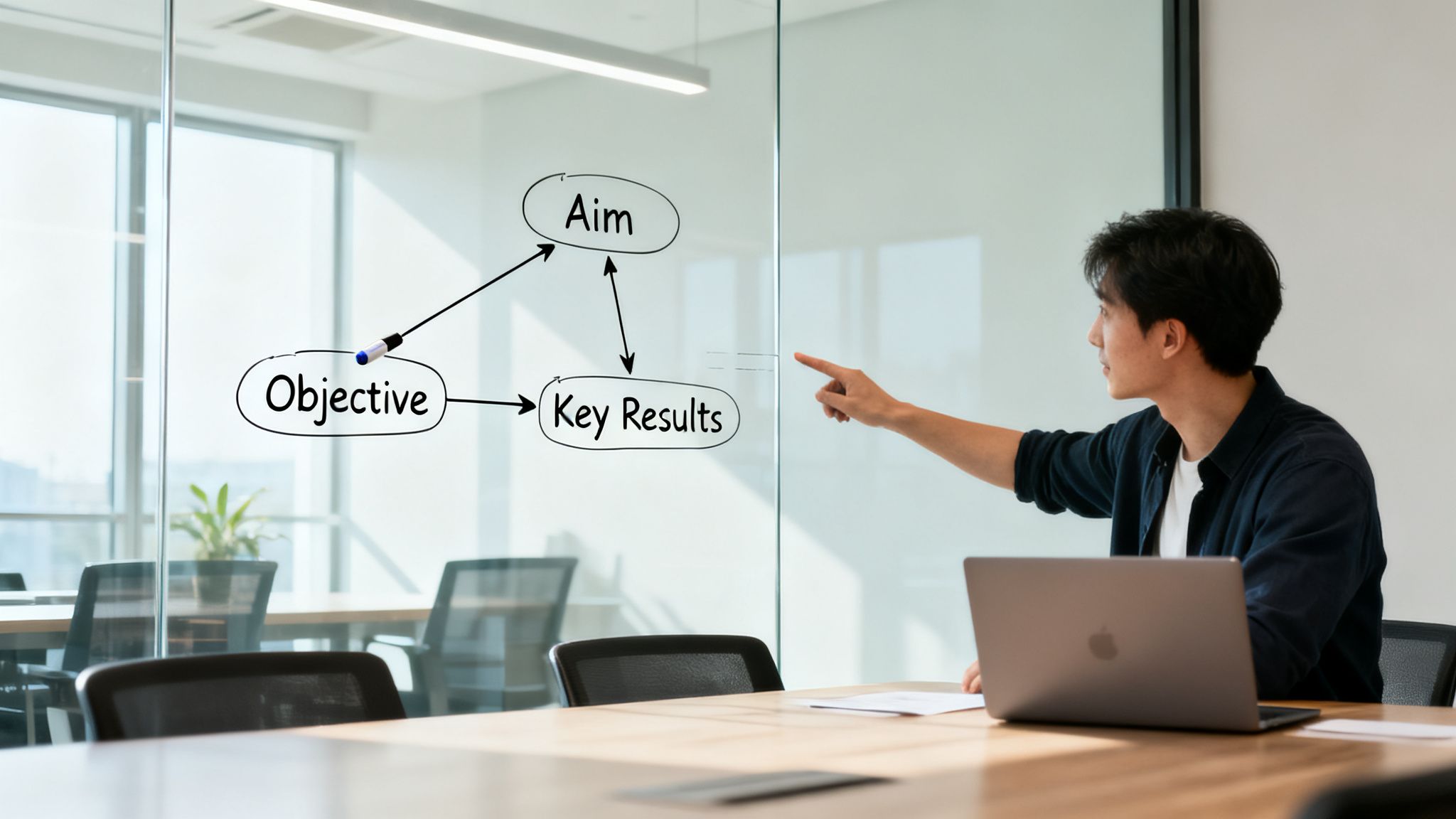 Man in a meeting room pointing at a business strategy diagram on a glass board.