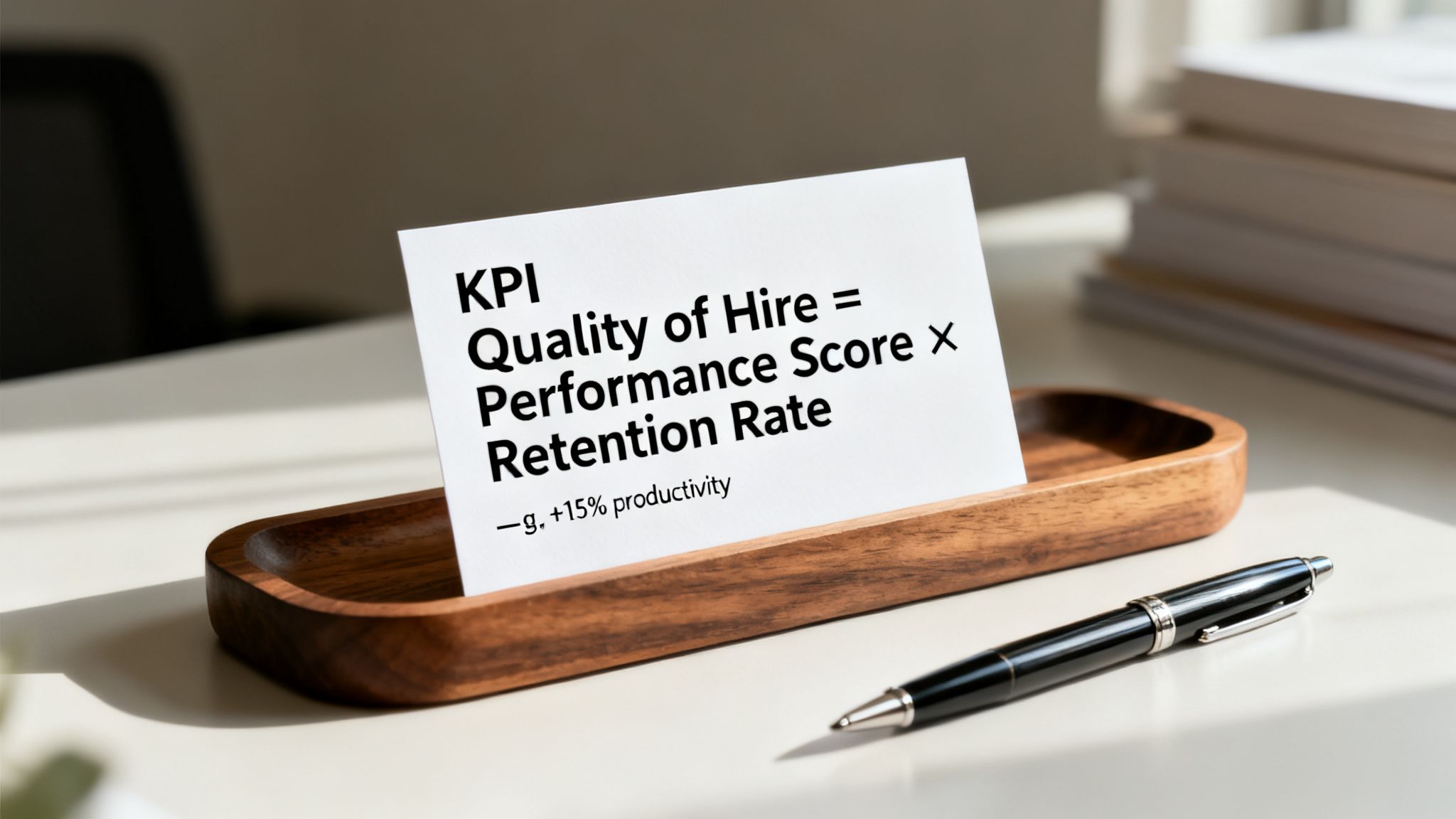 A white card on a wooden tray displays the 'Quality of Hire' KPI formula, with a black pen on a desk.
