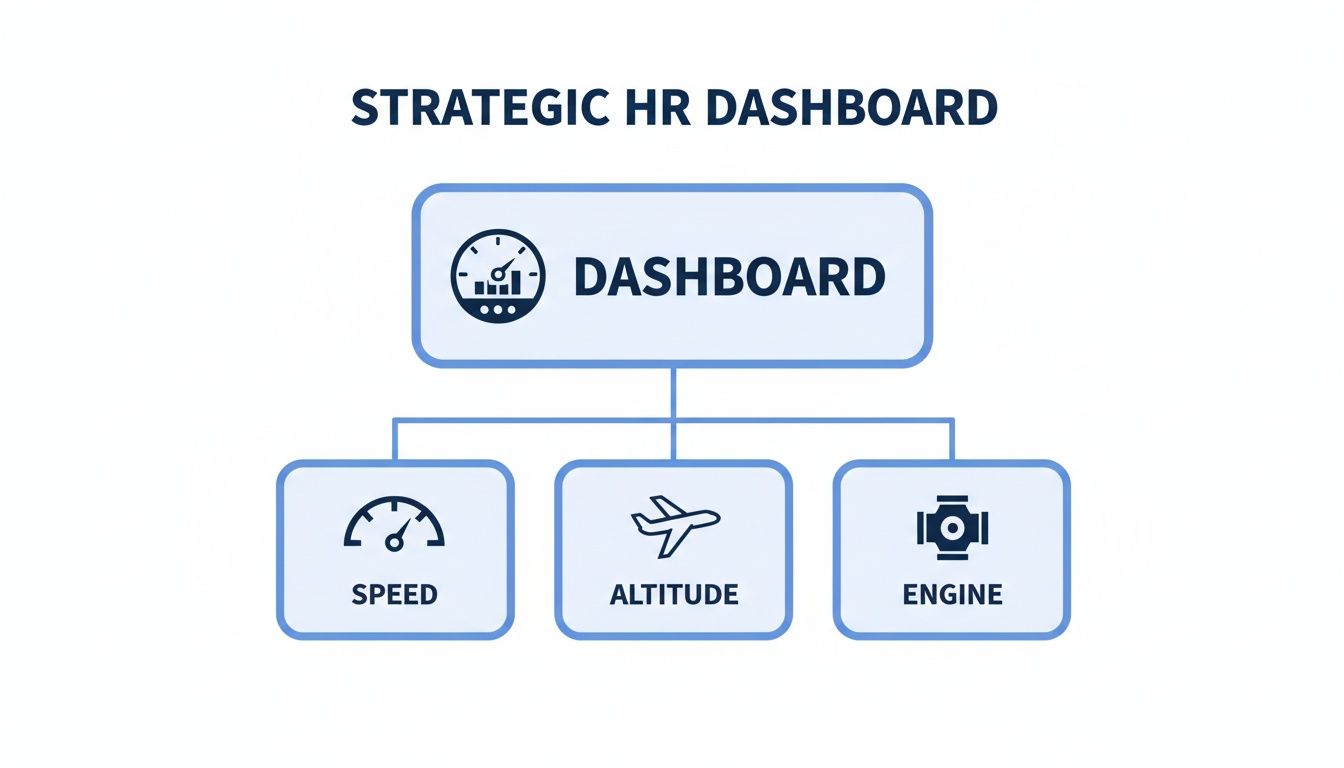 A strategic HR dashboard diagram displaying key performance indicators for speed, altitude, and engine.