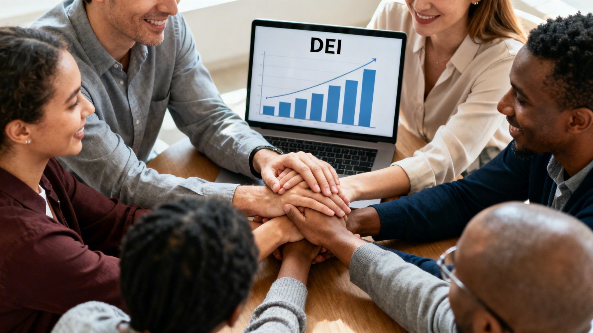 A diverse group of smiling professionals, hands stacked, signifying teamwork and growth in DEI initiatives.
