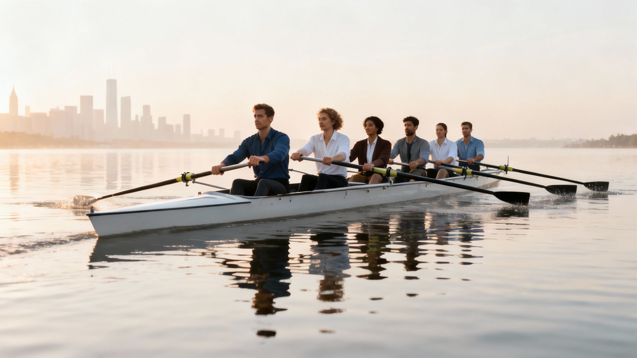 Diverse team of professionals rowing in sync on a lake with a city skyline in the background.