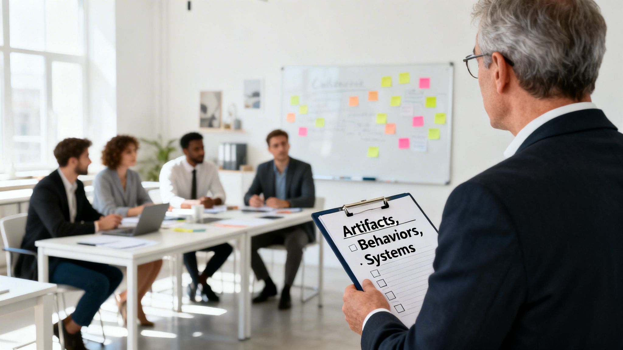 Man presents to a diverse team in a bright office meeting, holding a clipboard with a checklist.