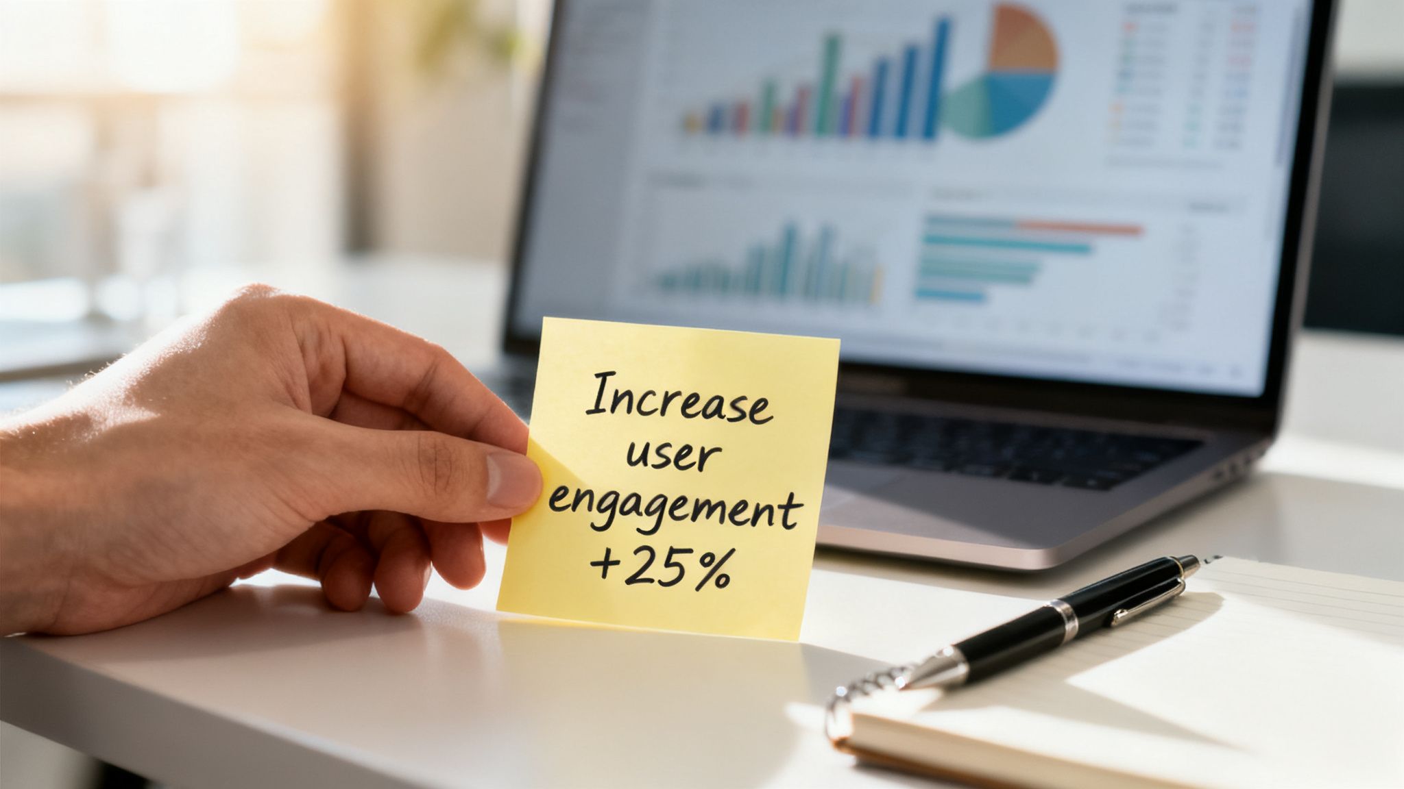 A hand holds a yellow sticky note with 'Increase user engagement +25%' written on it, with a laptop displaying charts in the background.