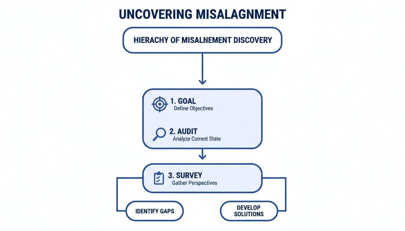 Flowchart illustrating the hierarchy of misalignment discovery steps: goal definition, audit, survey, leading to gap identification and solution development.