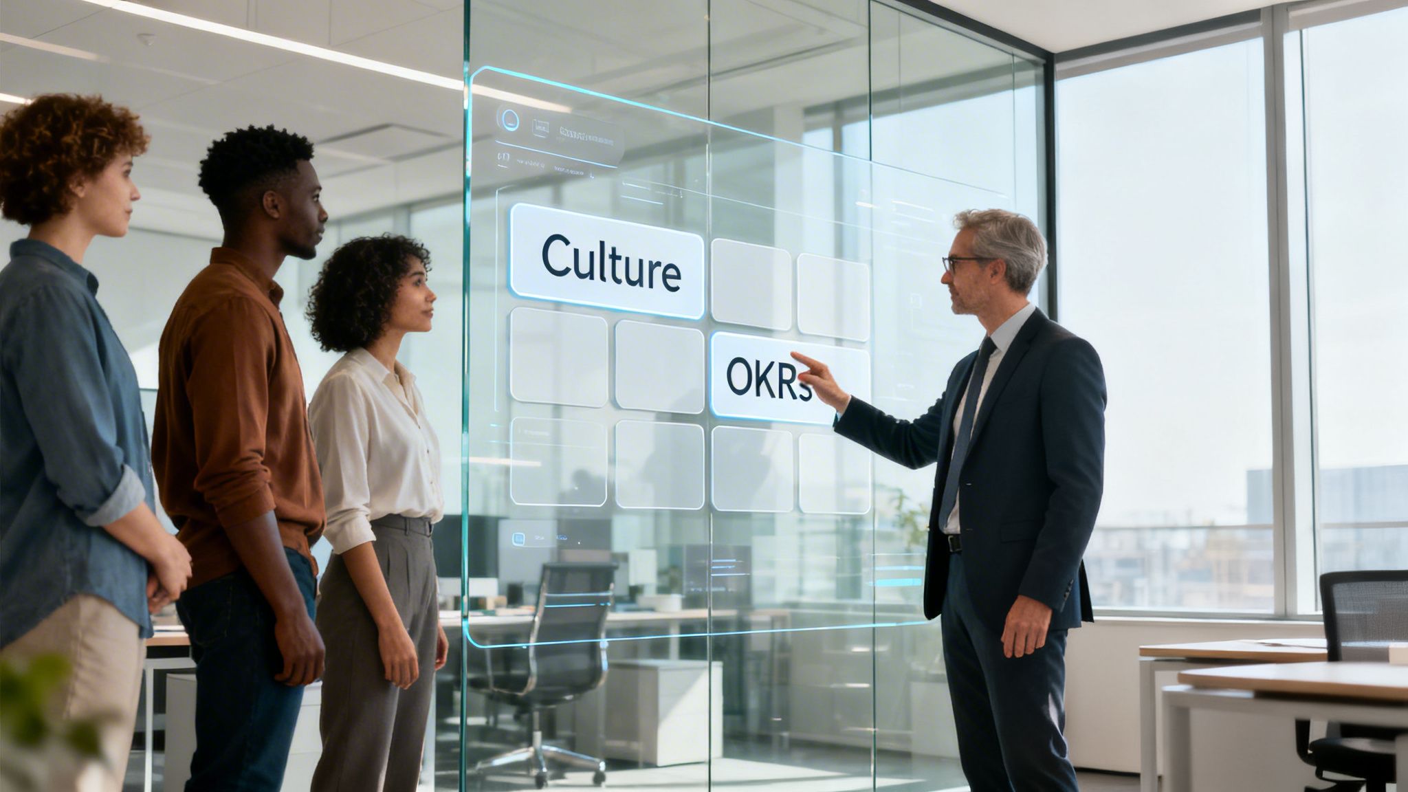 Diverse team watching a businessman interact with a futuristic transparent display showing 'Culture' and 'OKRs'.