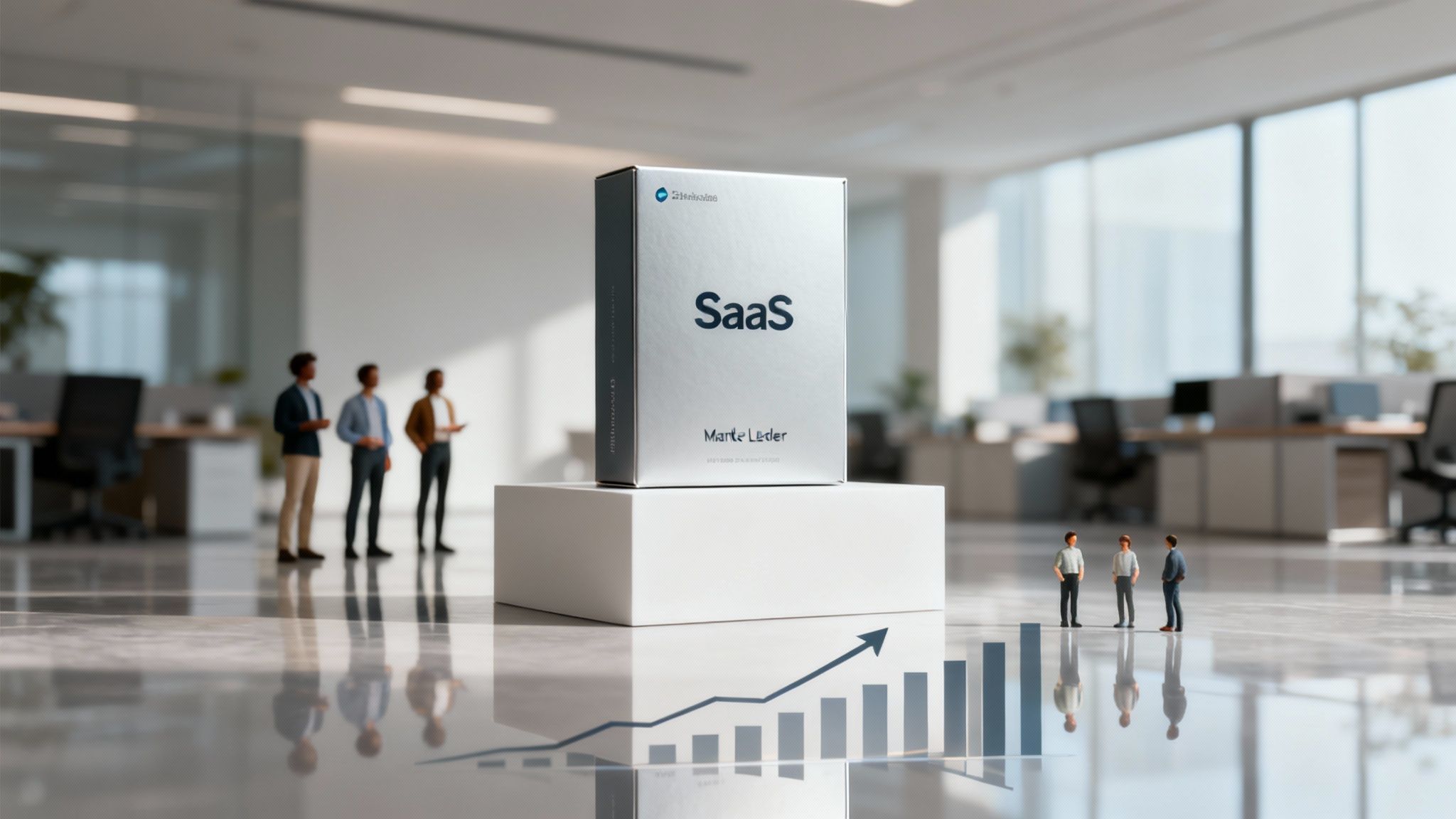 A SaaS product box on a pedestal with miniature business figures and a financial growth graph.