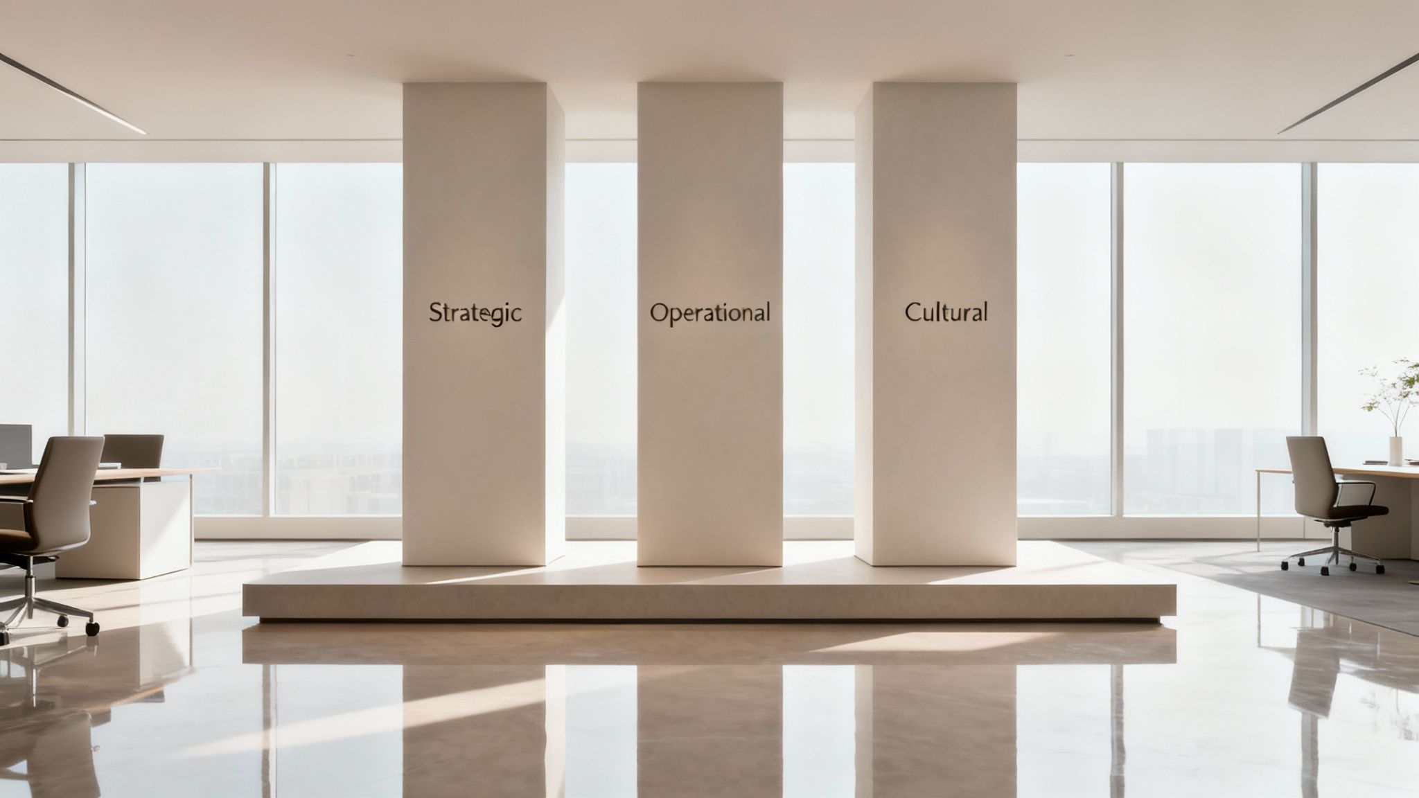 Modern office with three pillars labeled Strategic, Operational, and Cultural, symbolizing business alignment.