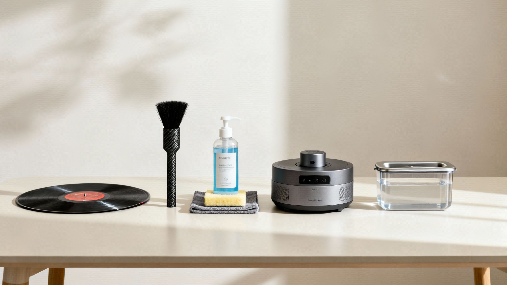 Various items for vinyl record cleaning, featuring a record, brush, cleaning solution, and ultrasonic cleaner.