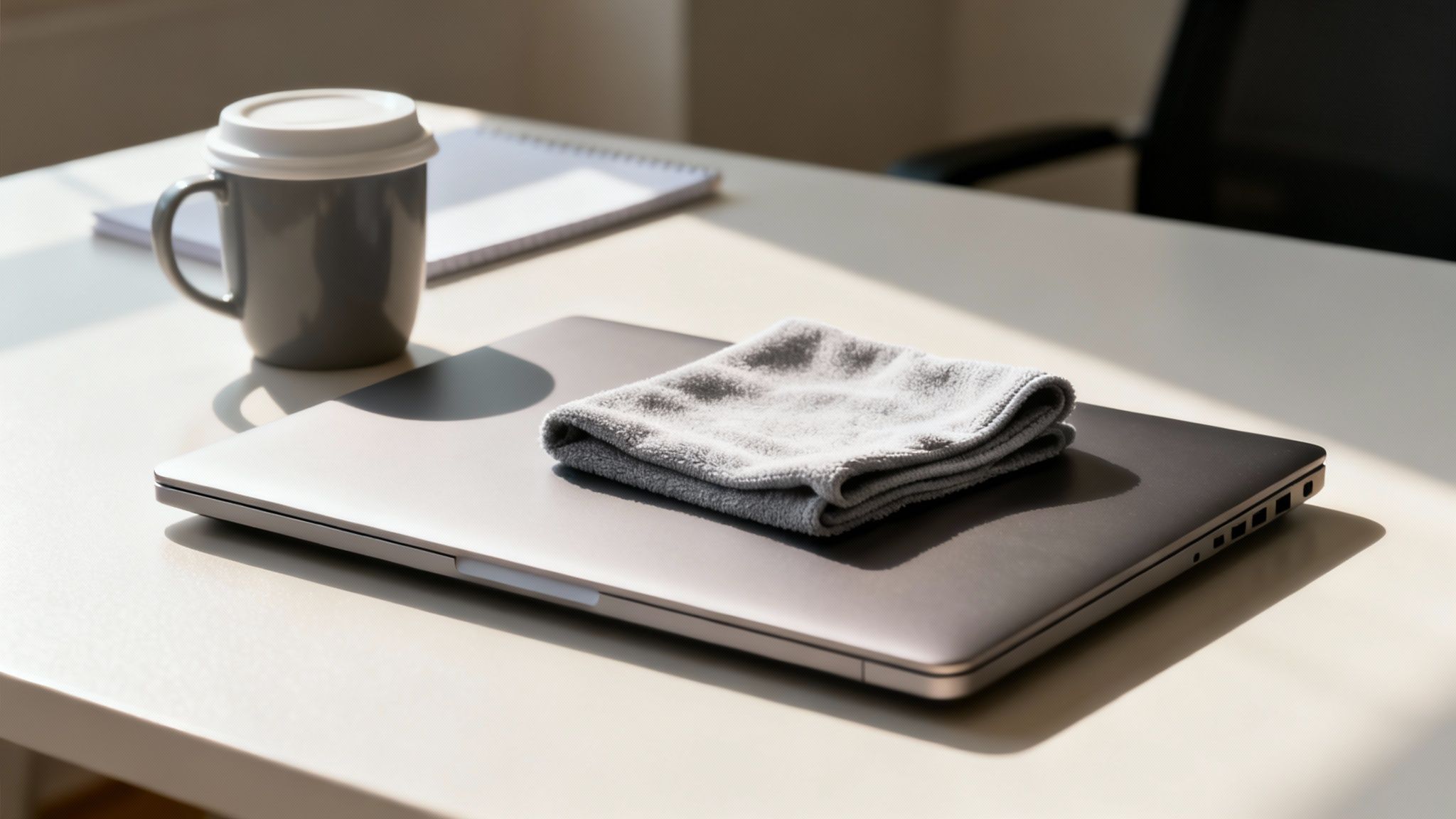 A grey microfiber cloth rests on a closed laptop on a light desk, with a mug nearby.