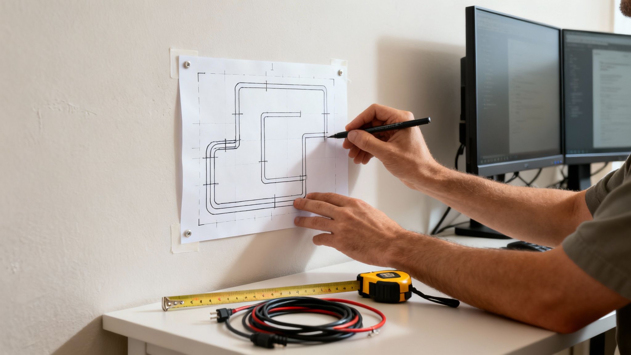 Hands drawing a cable management plan on paper taped to a wall, with tools and monitors.
