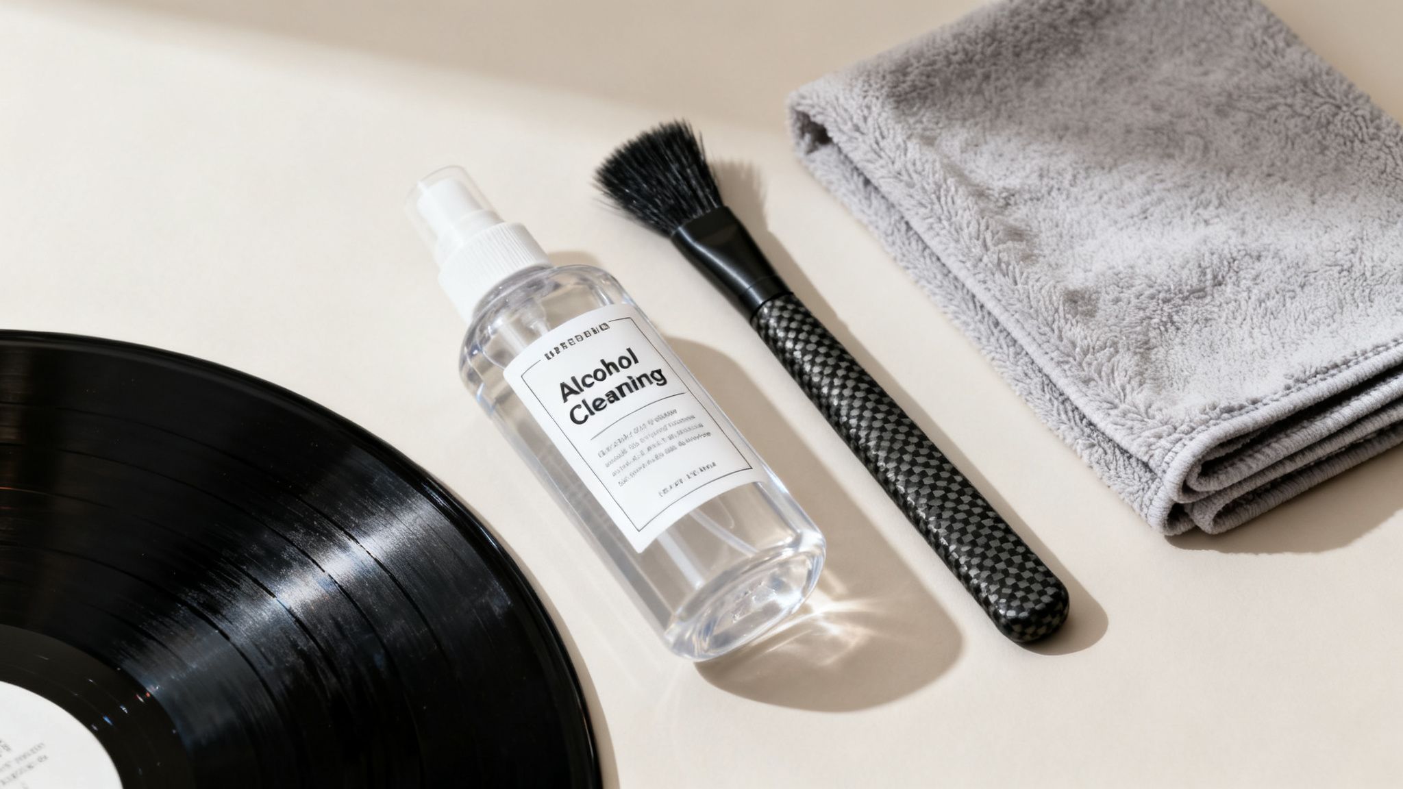 A kit for cleaning vinyl records, including alcohol spray, a brush, and a microfiber towel.