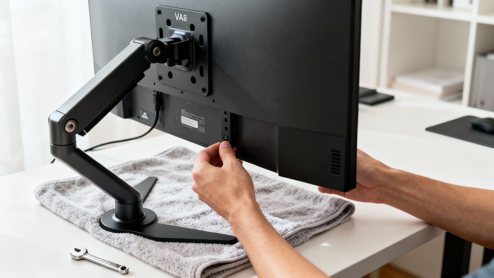 Hands adjust a black computer monitor mounted on an adjustable arm on a white desk.