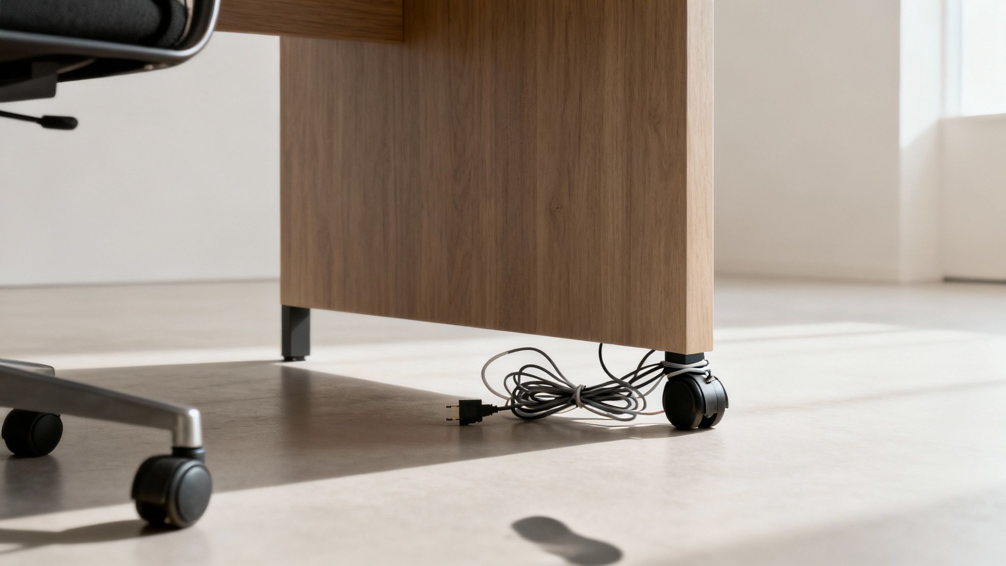 A messy power cable lies coiled under a modern wooden desk next to an office chair.