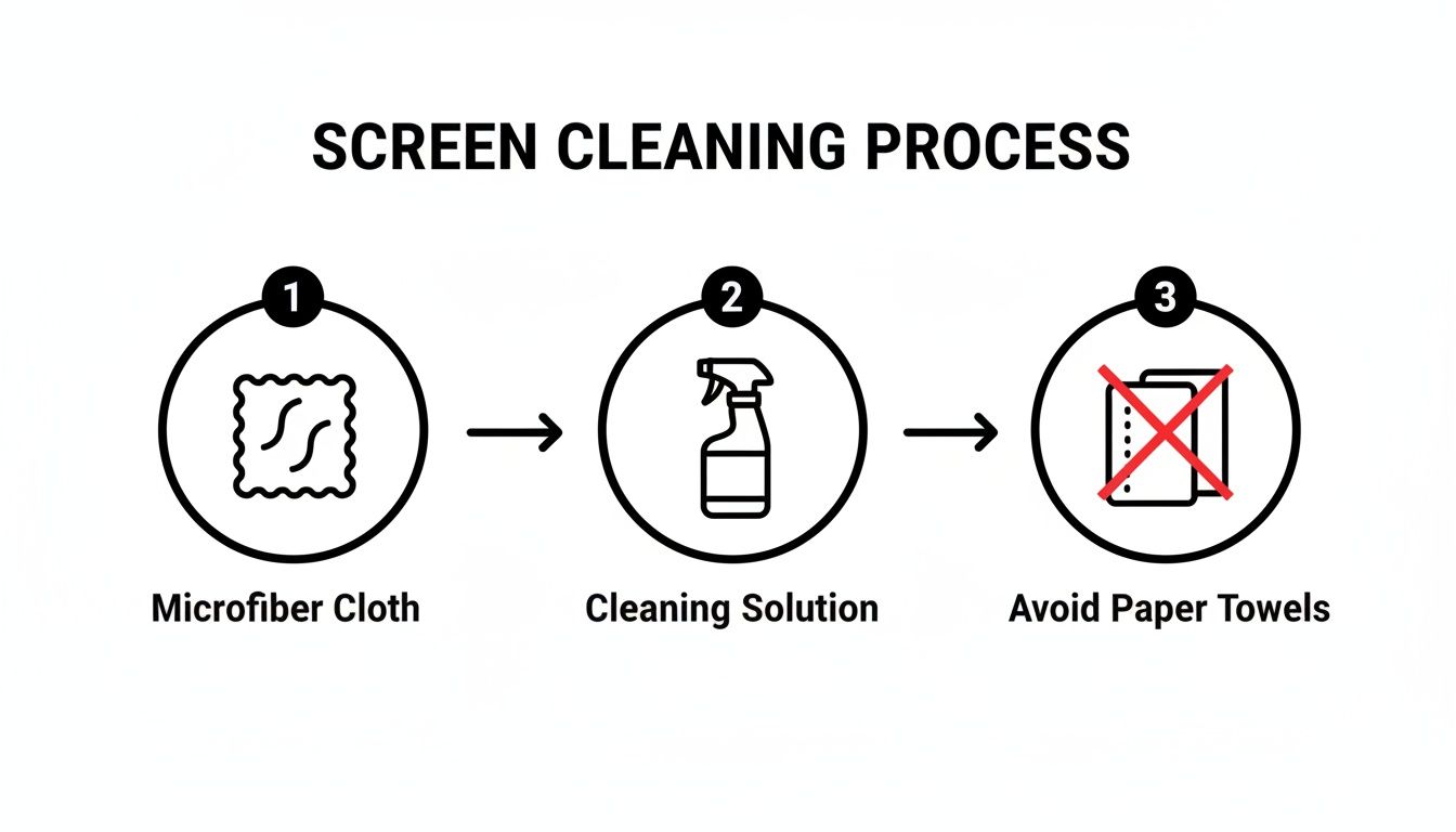 Infographic illustrating a screen cleaning process: use a microfiber cloth, cleaning solution, and avoid paper towels.