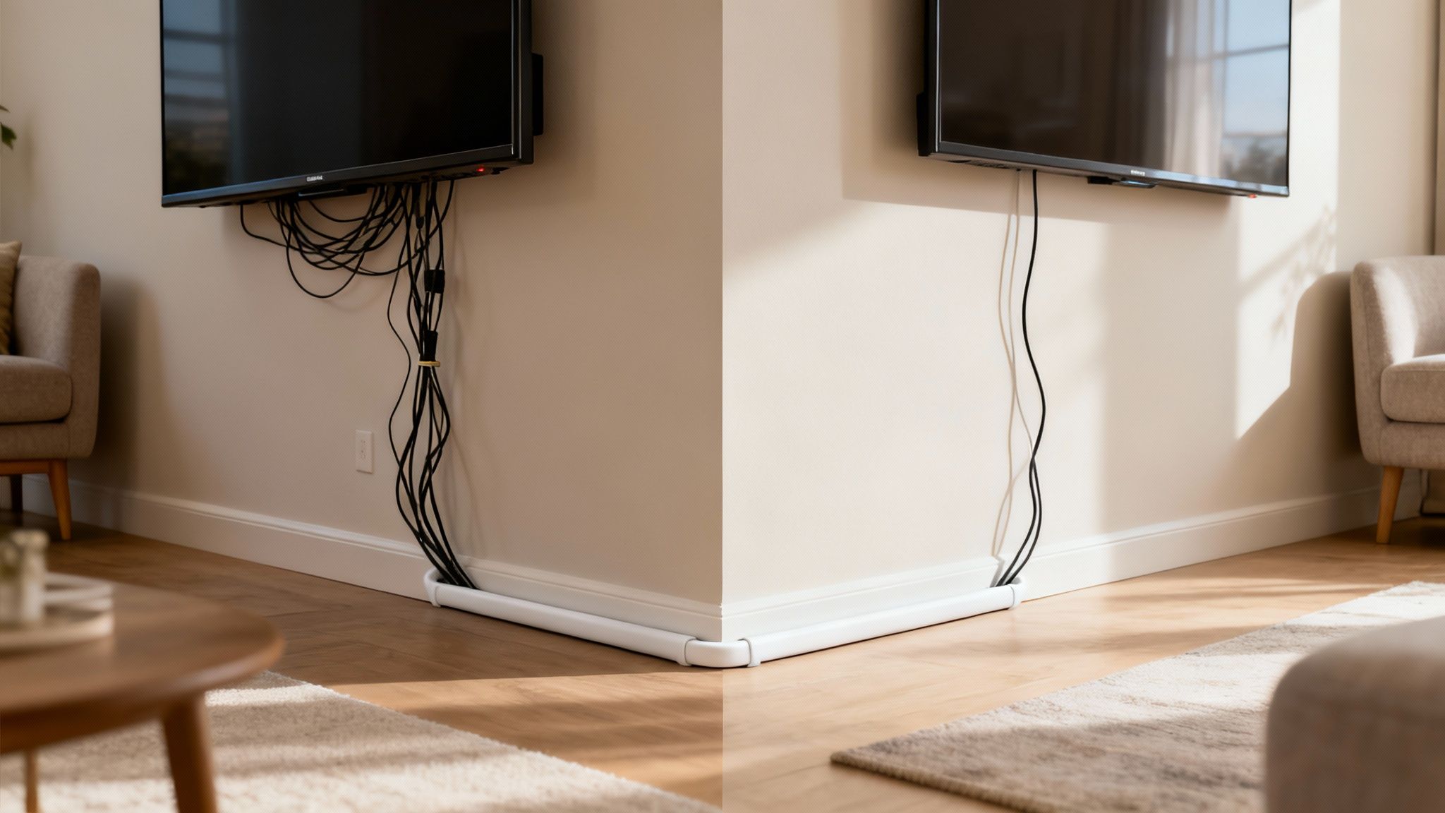 Comparison of a TV setup with messy exposed cables and another with sleek, hidden cord covers.