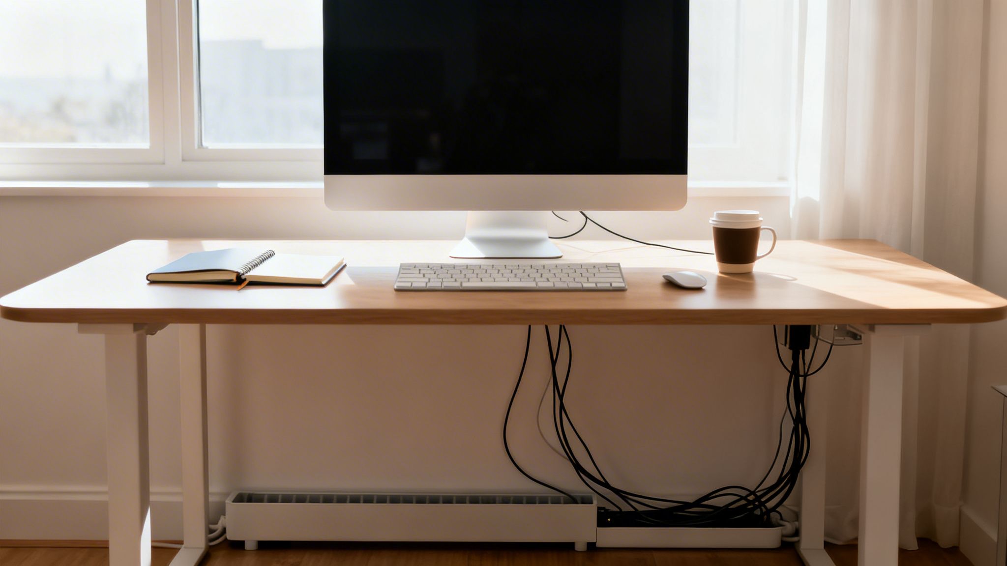 A modern, bright home office desk with a computer, keyboard, mouse, notebook, and coffee cup, featuring organized cables.