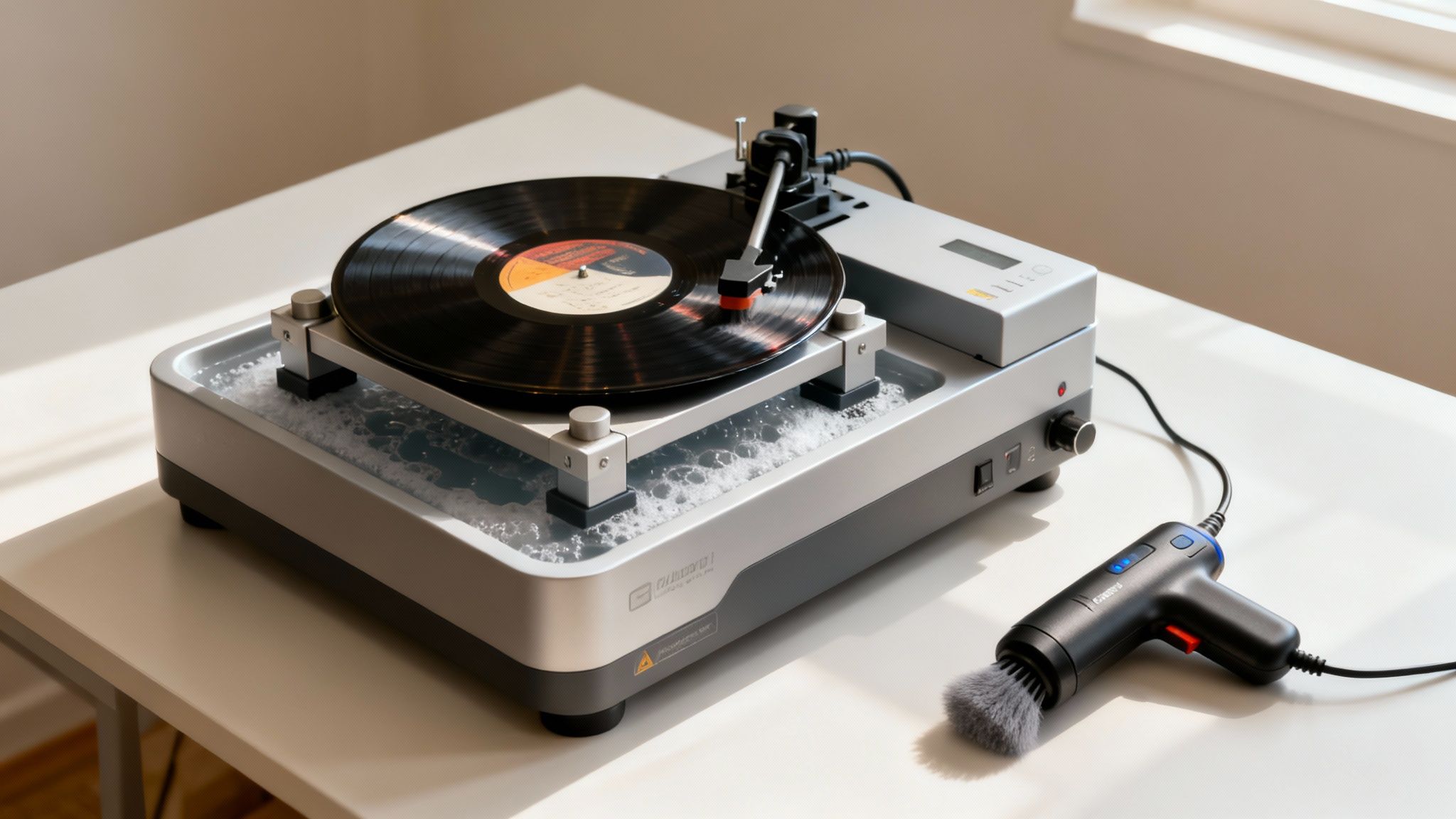 A professional vinyl record cleaning machine with a record submerged in cleaning solution, next to a brush tool.