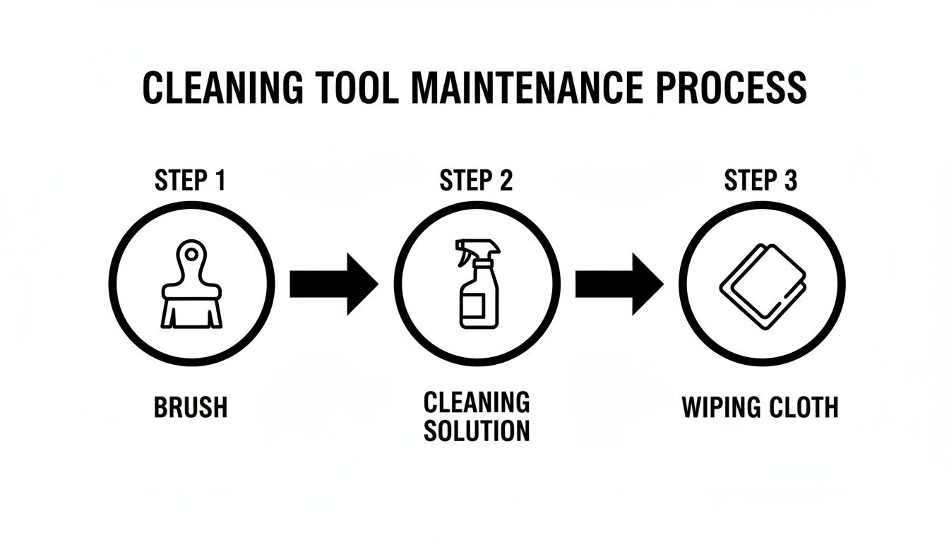 A three-step cleaning tool maintenance process showing a brush, cleaning solution, and wiping cloth.