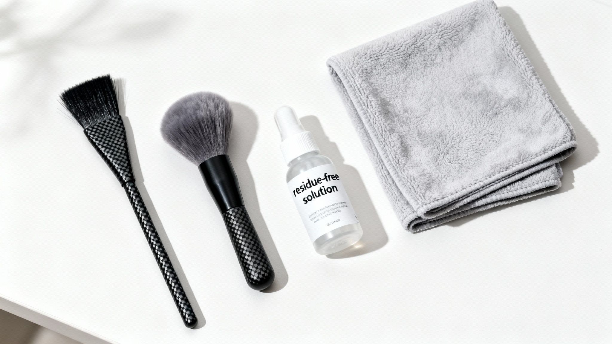 A white surface displays two brushes, a spray bottle of 'residue-free solution,' and a grey microfiber cloth.