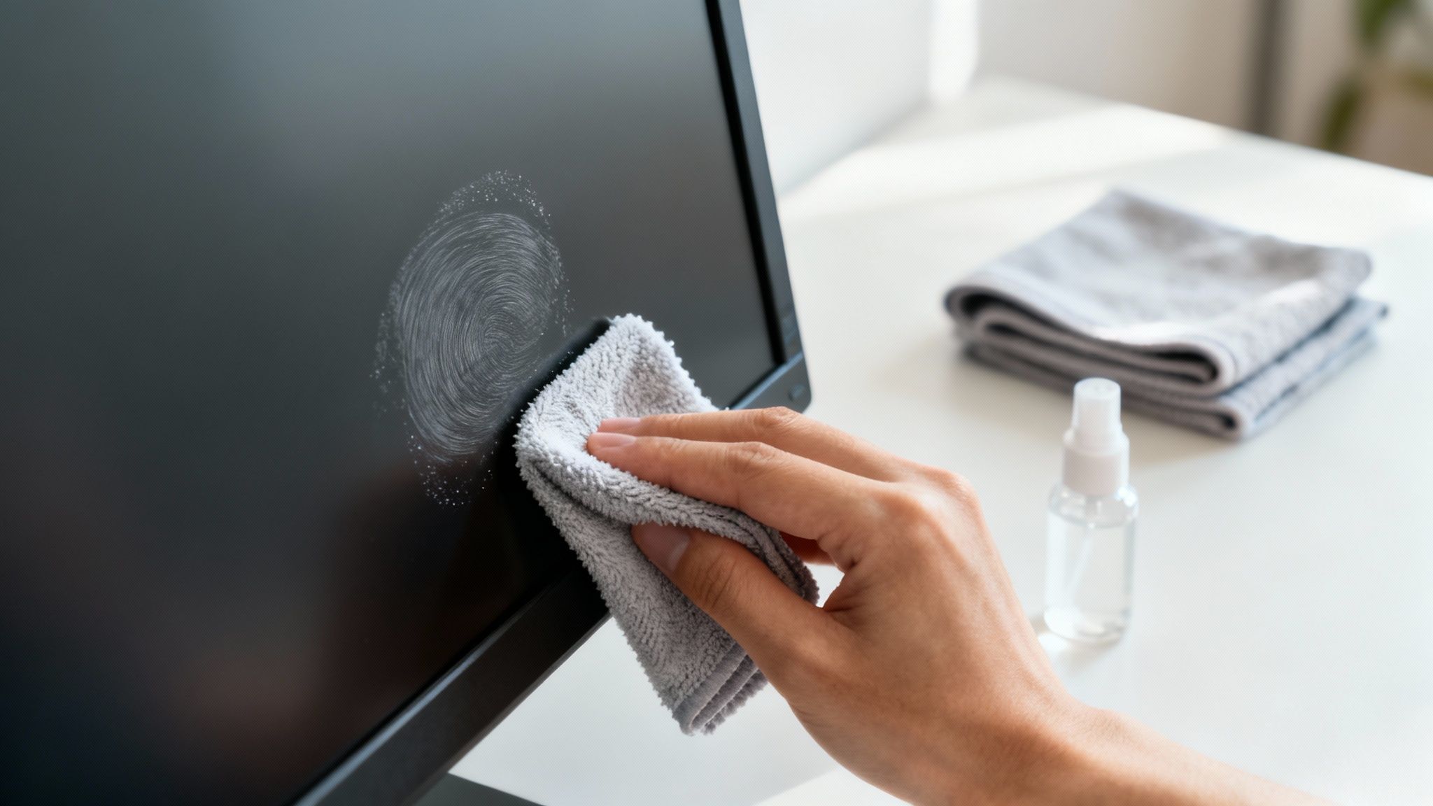 A hand using a grey microfiber cloth to clean a computer monitor screen, removing a smudge.