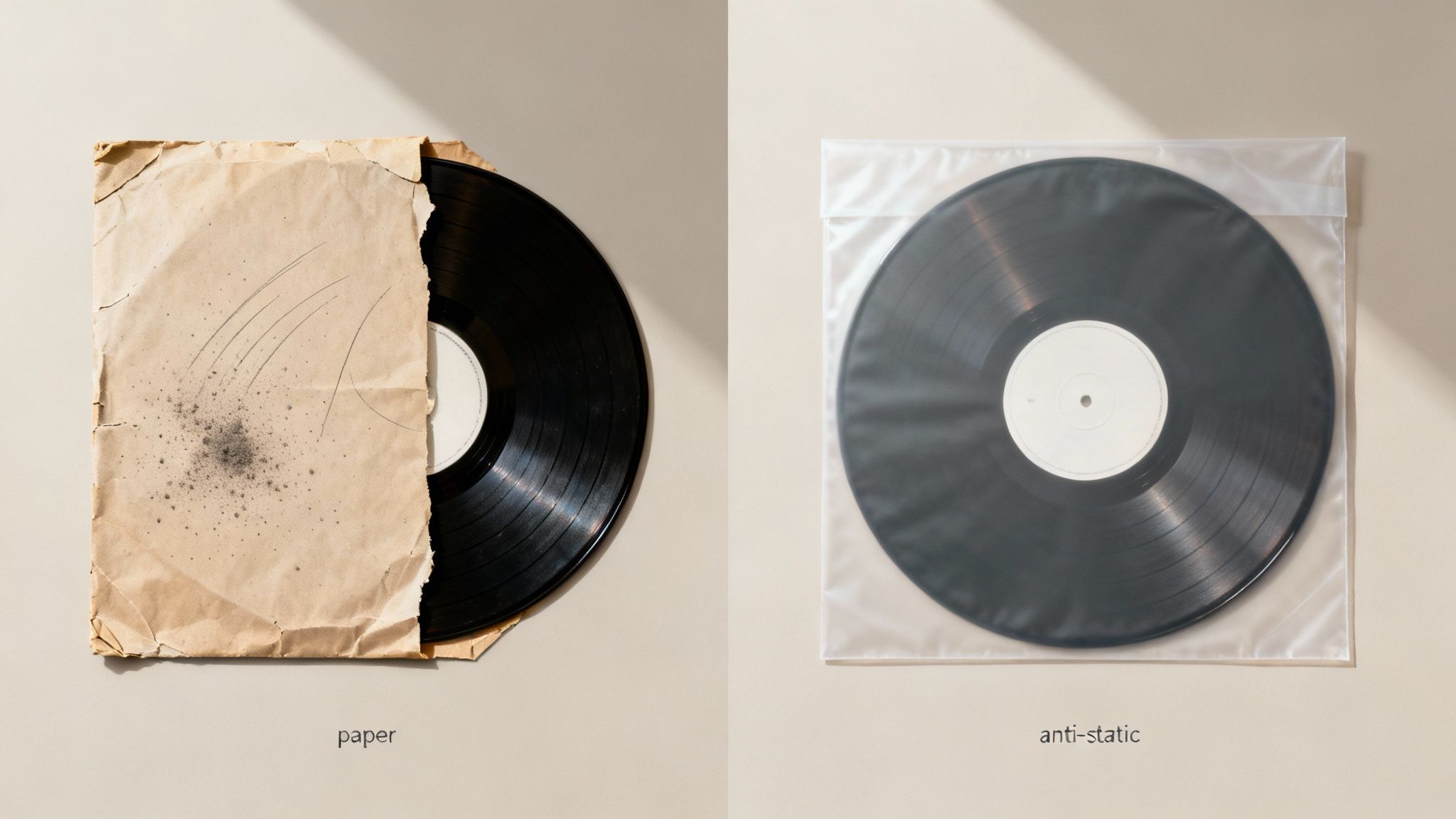 Two vinyl records, one in a dusty, torn paper sleeve, and one in a clean, clear anti-static sleeve.