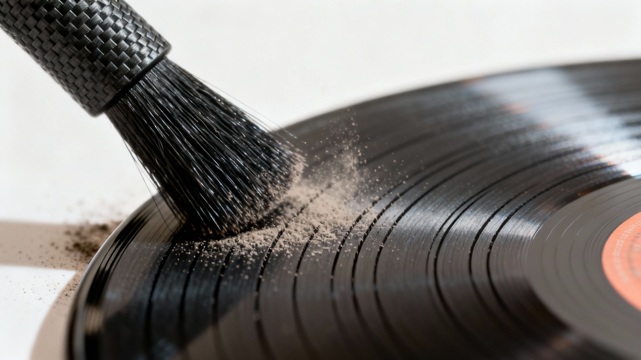A black brush is shown cleaning dust and particles from the grooves of a vinyl record.