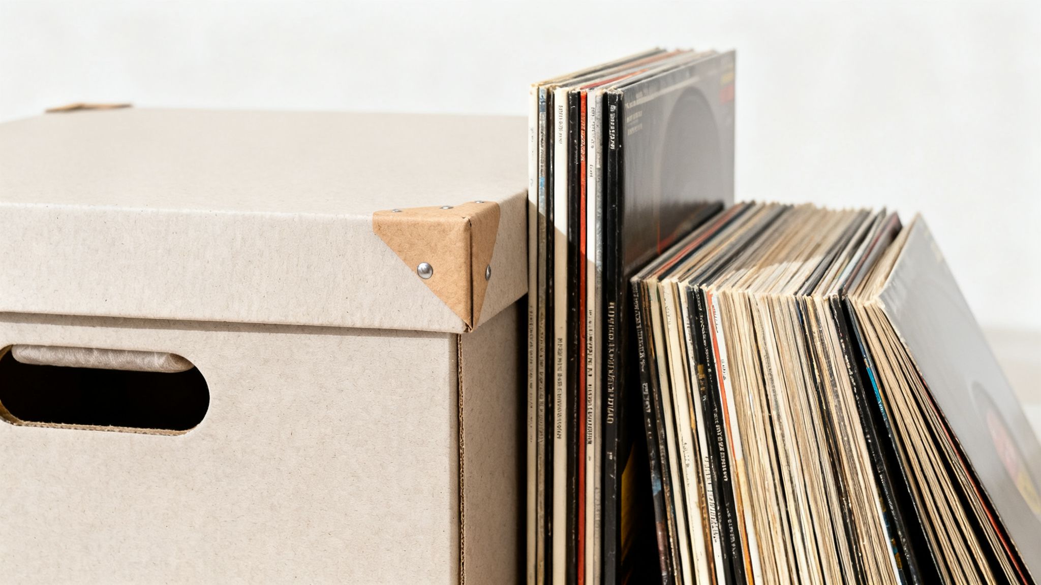 A light brown cardboard box with a lid and metal corner protectors next to a stack of vintage vinyl records.
