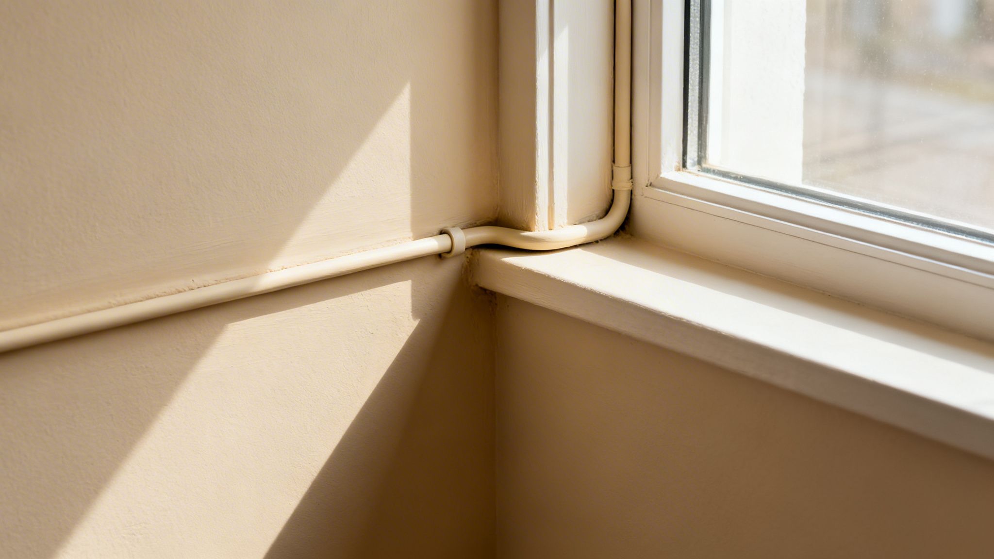 Close-up of a white cable raceway neatly installed on a cream wall next to a window, illuminated by sunlight.