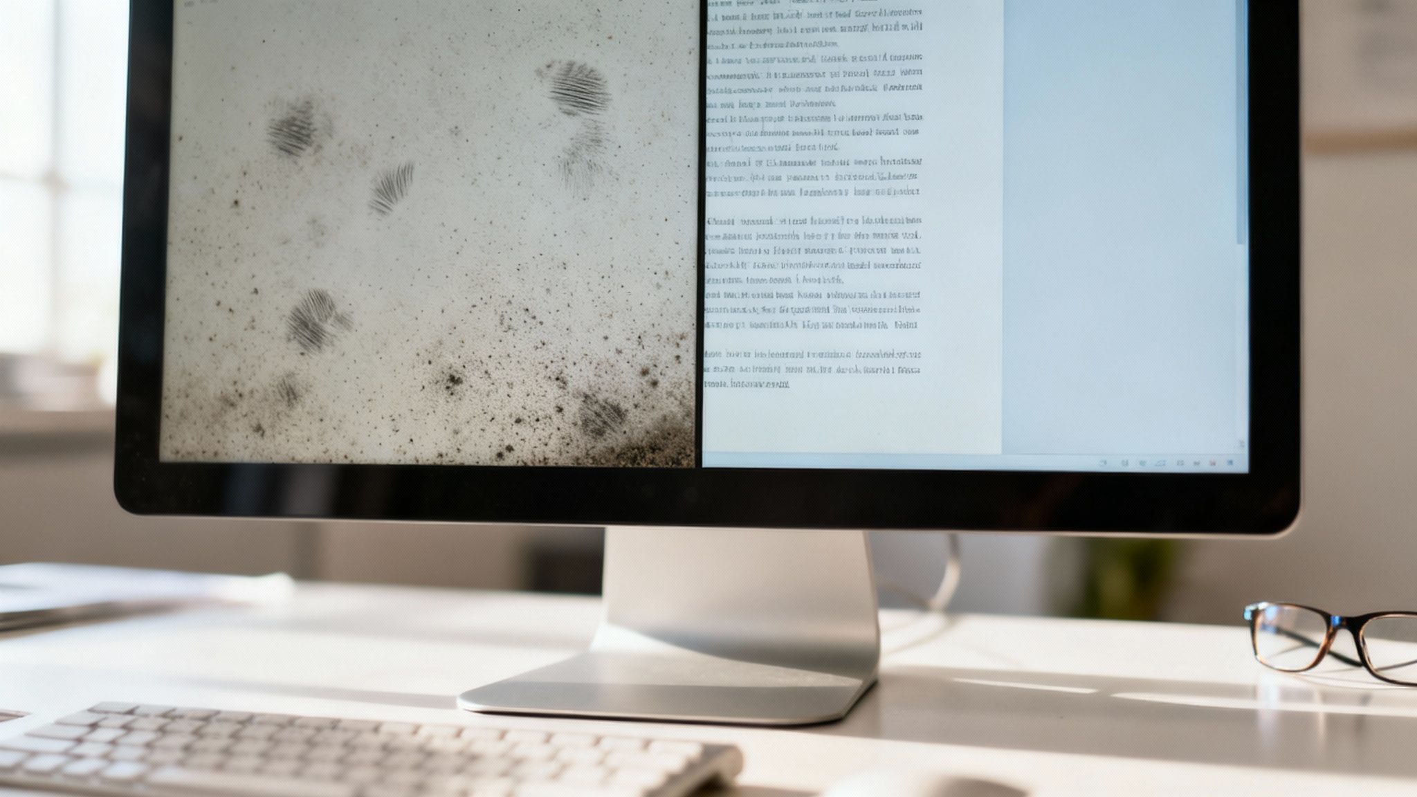 A computer monitor screen, one half dirty with dust and fingerprints, the other half clean.