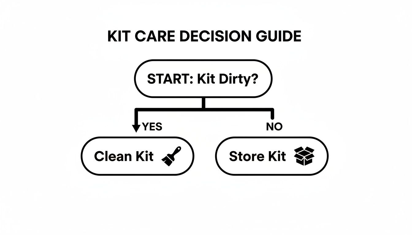 A simple flowchart titled 'KIT CARE DECISION GUIDE' asking 'START: Kit Dirty?'. If yes, 'Clean Kit' is the action. If no, 'Store Kit' is the action.