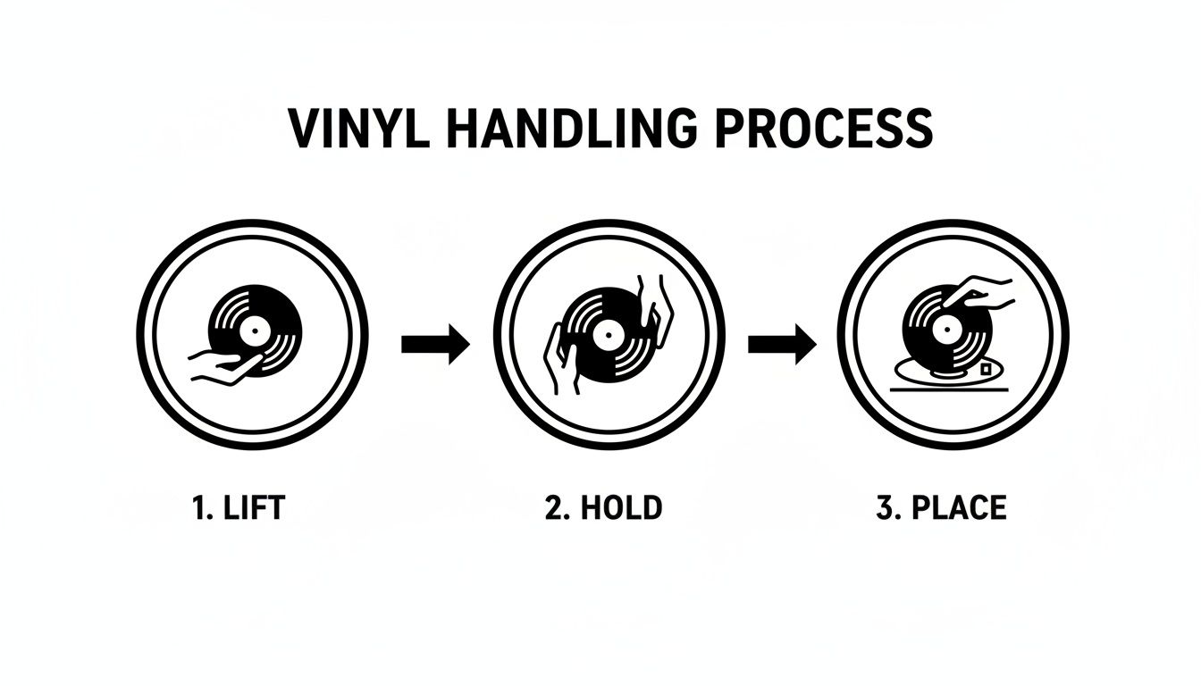 A three-step infographic demonstrating the correct process for handling vinyl records: lift, hold, and place.